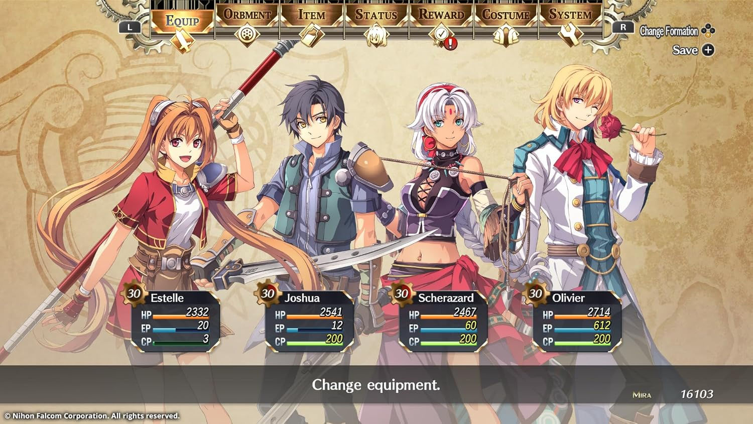 Cuatro personajes de anime se muestran en un menú del juego con estadísticas. Sostienen armas y están listos para la batalla.