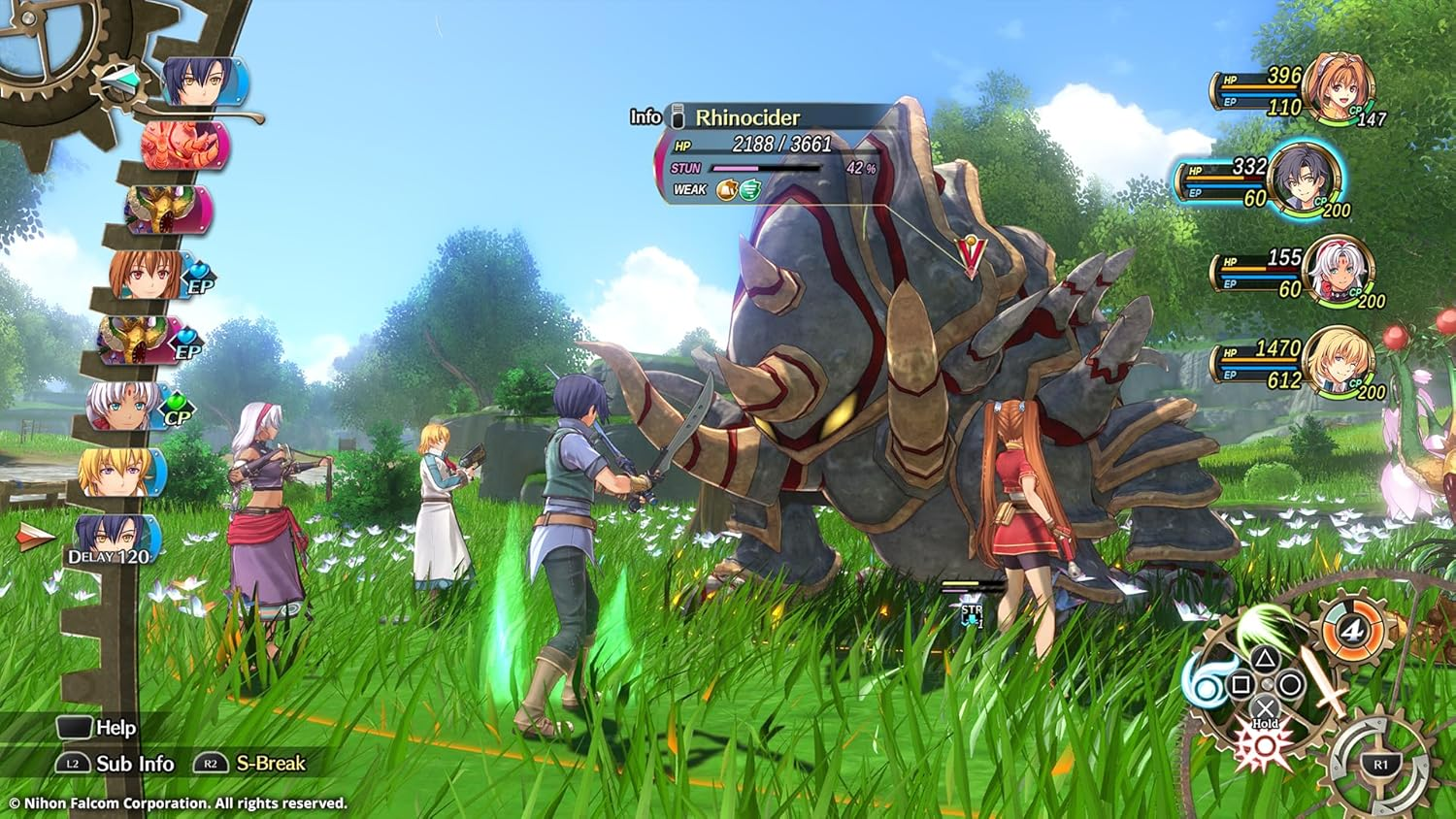 Una escena de videojuego con personajes luchando contra un gran monstruo parecido a un rinoceronte en un campo de hierba.