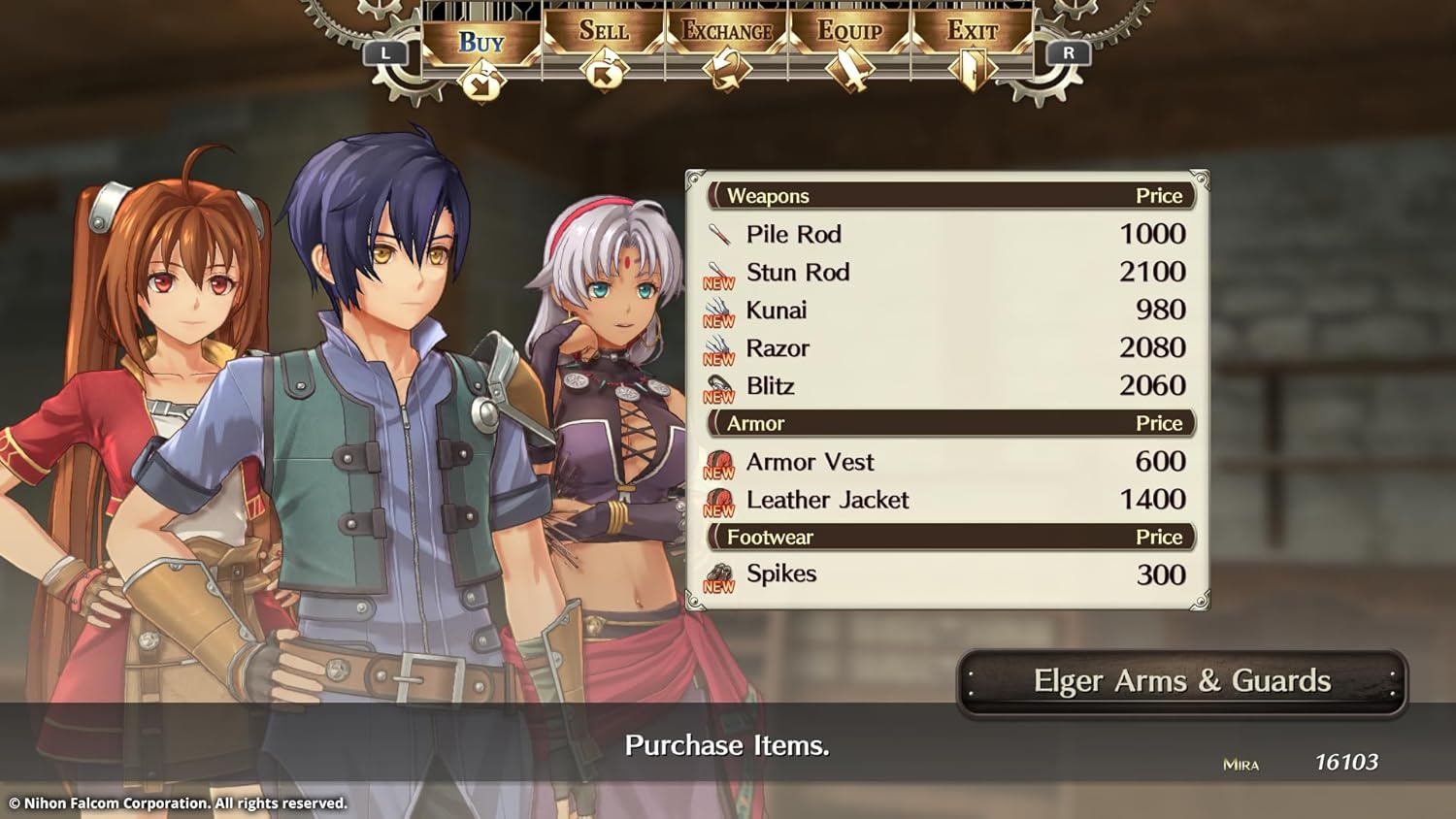 Personajes en una interfaz de tienda, mostrando armas y armaduras a la venta. Un menú muestra los precios de los artículos. El fondo muestra un interior de madera.