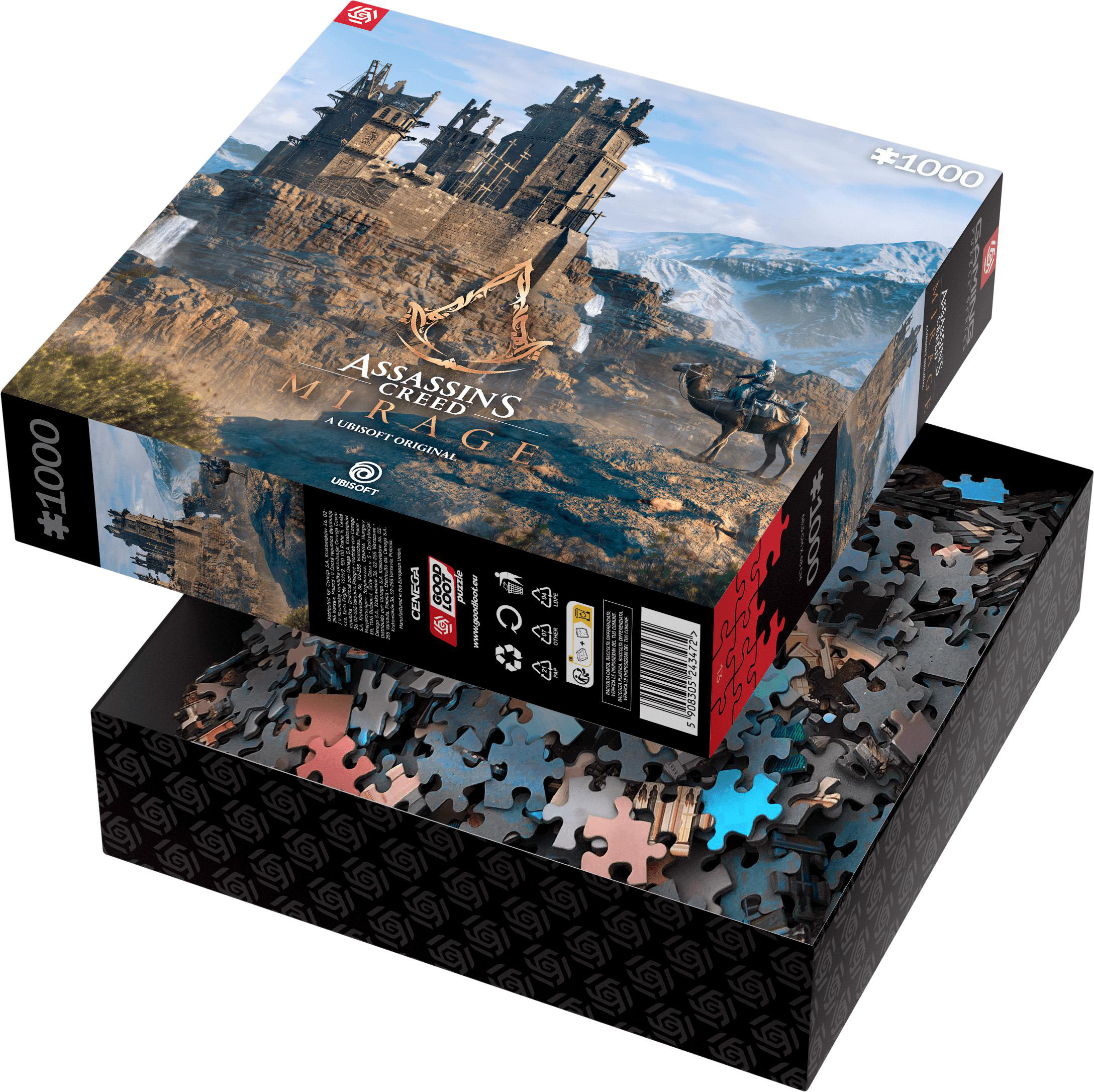 Puzzledose von Assassin's Creed Mirage. Die Schachtel zeigt eine Wüstenszene mit einer Stadt, einer Person auf einem Kamel und dem Spiel-Logo.