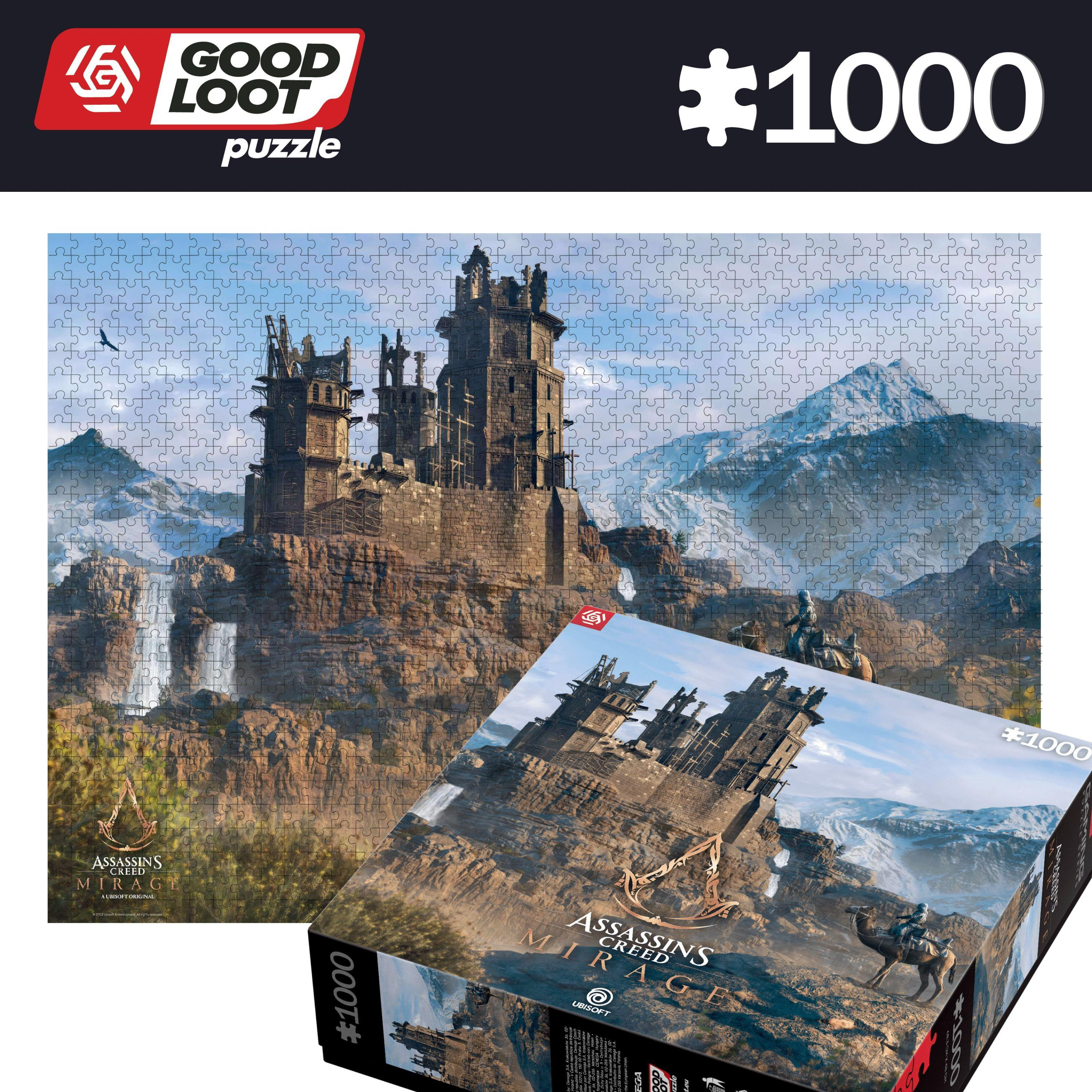 Puzzle von Assassin's Creed Mirage. Zeigt eine Festung, Wasserfälle, Berge und eine Box mit dem Spiel-Logo.