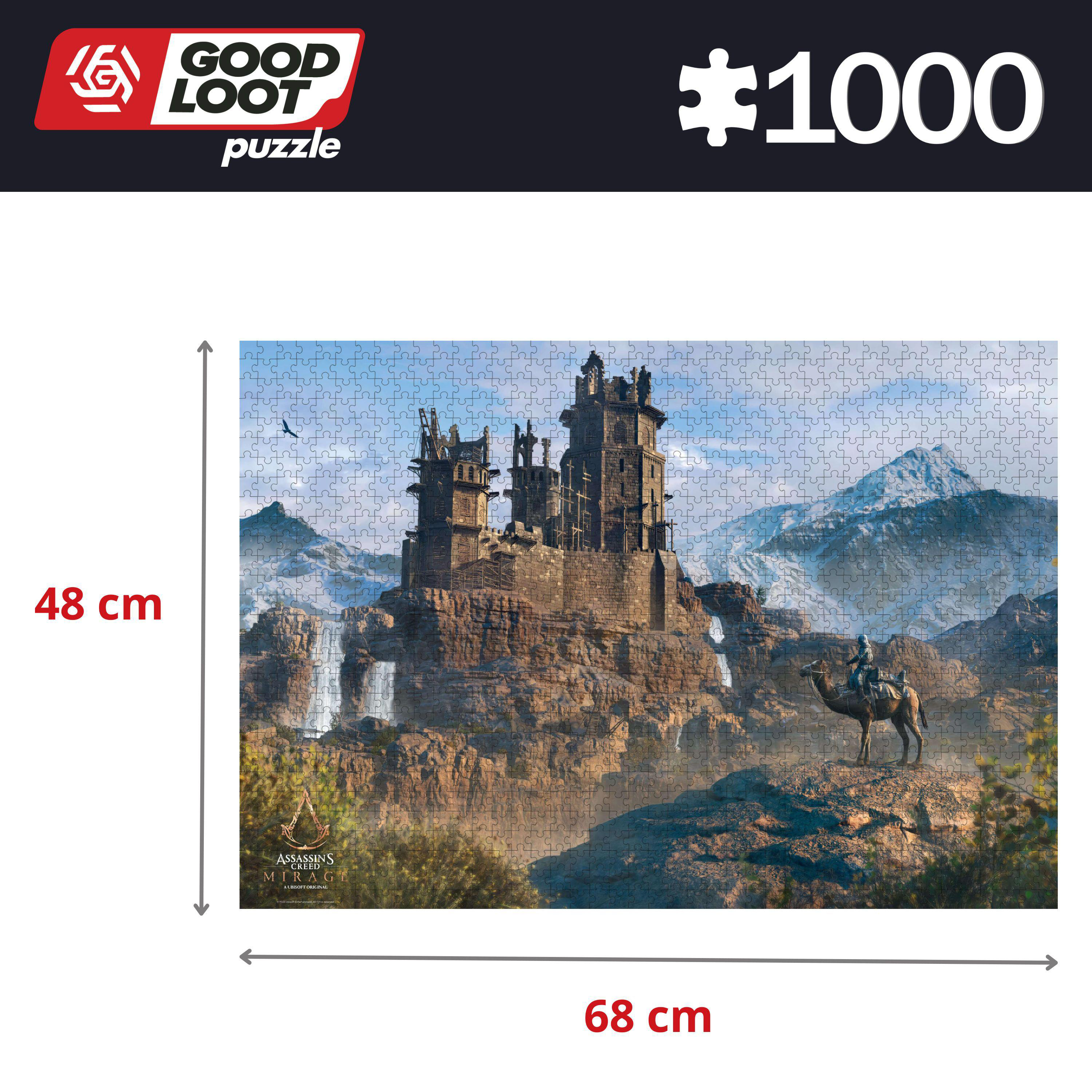 Puzzle mit einer Burg auf einer Klippe, einer Person auf einem Kamel, Wasserfällen, Bergen und einem Vogel am Himmel.