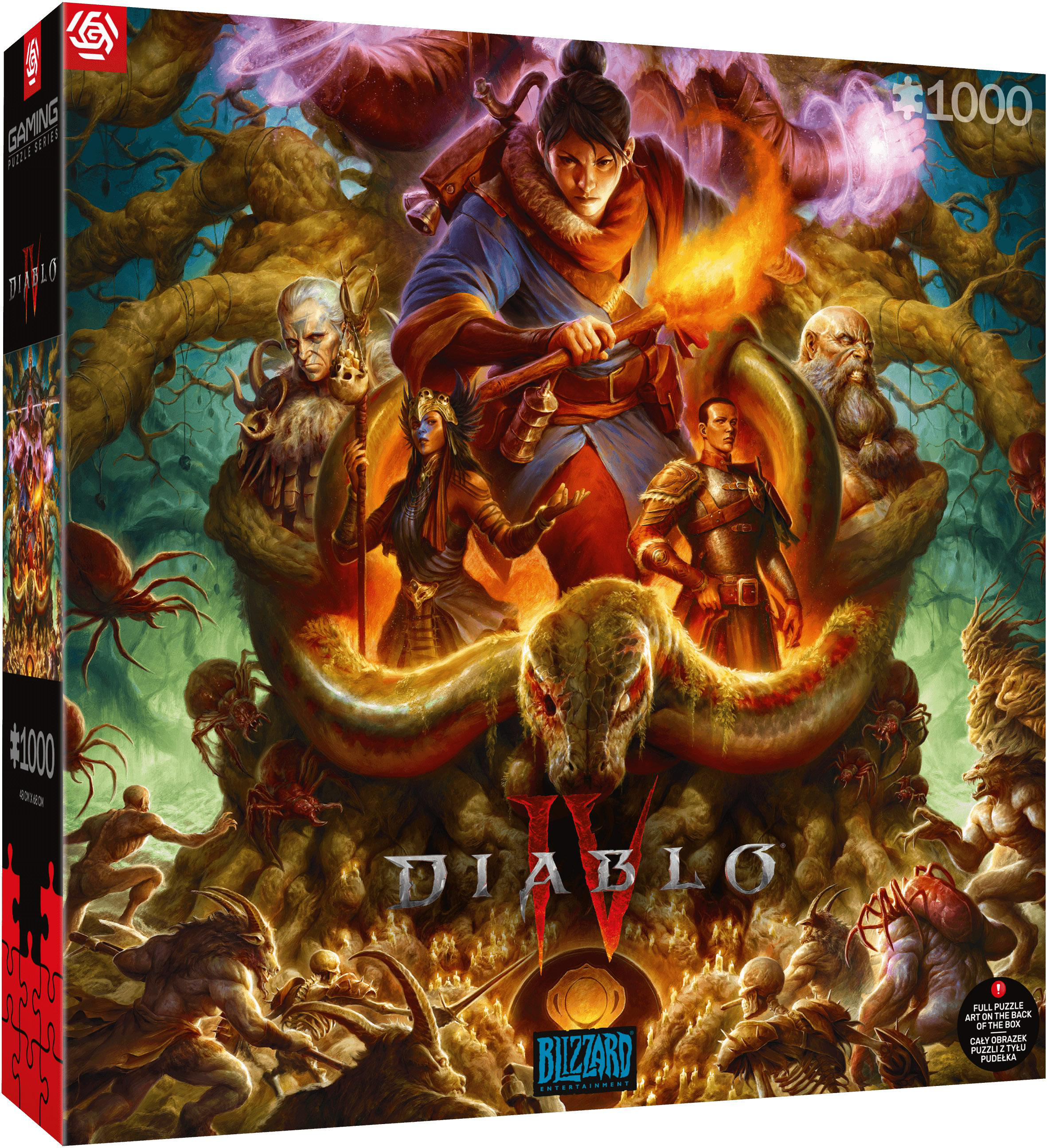 Puzzle von Diablo IV. Eine Frau mit einer Fackel, umgeben von Charakteren und Monstern. Dunkles Fantasy-Thema.