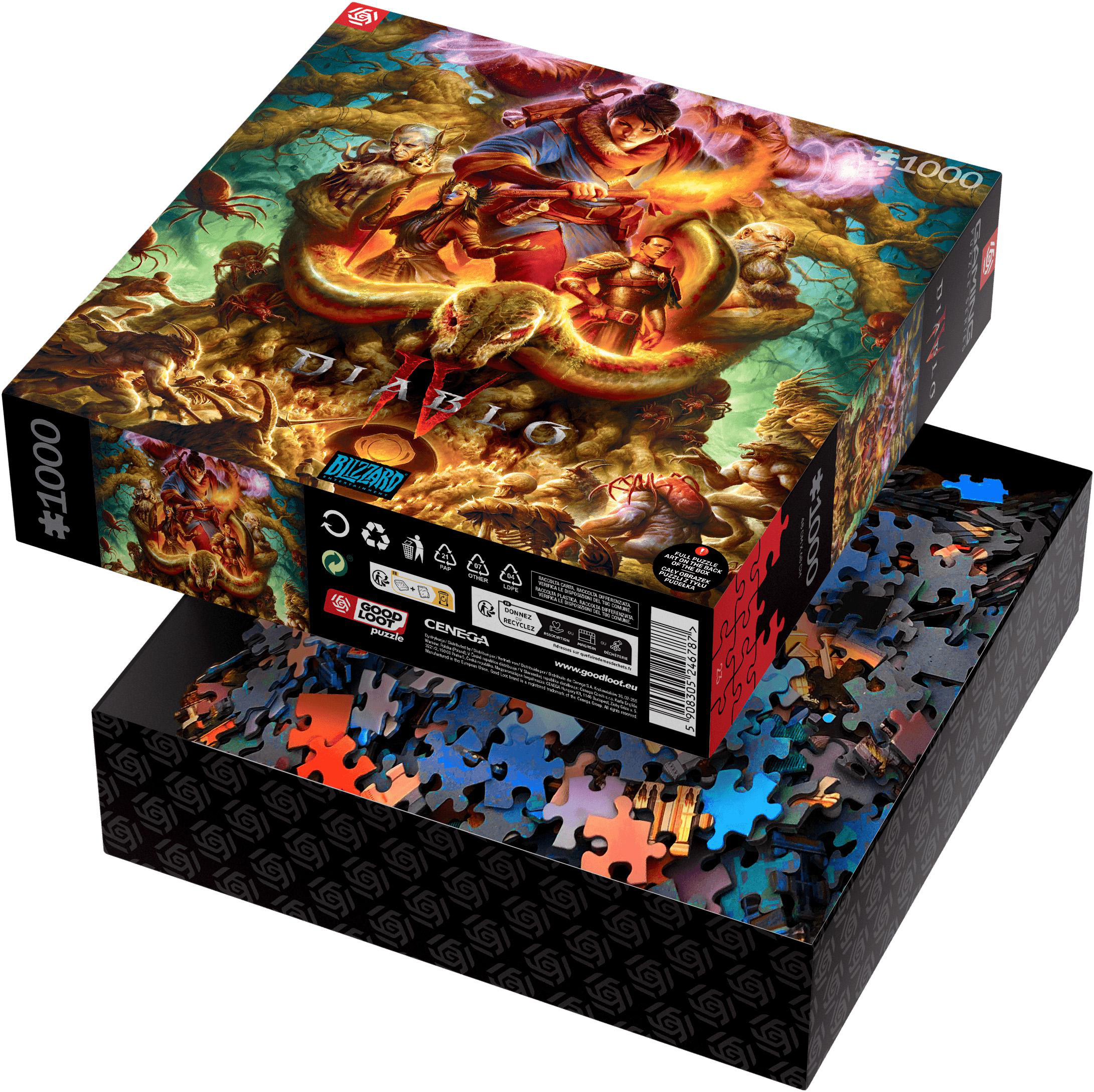 Puzzledose mit Fantasy-Szene. Charaktere bekämpfen eine Schlange. Die Box enthält Puzzleteile.