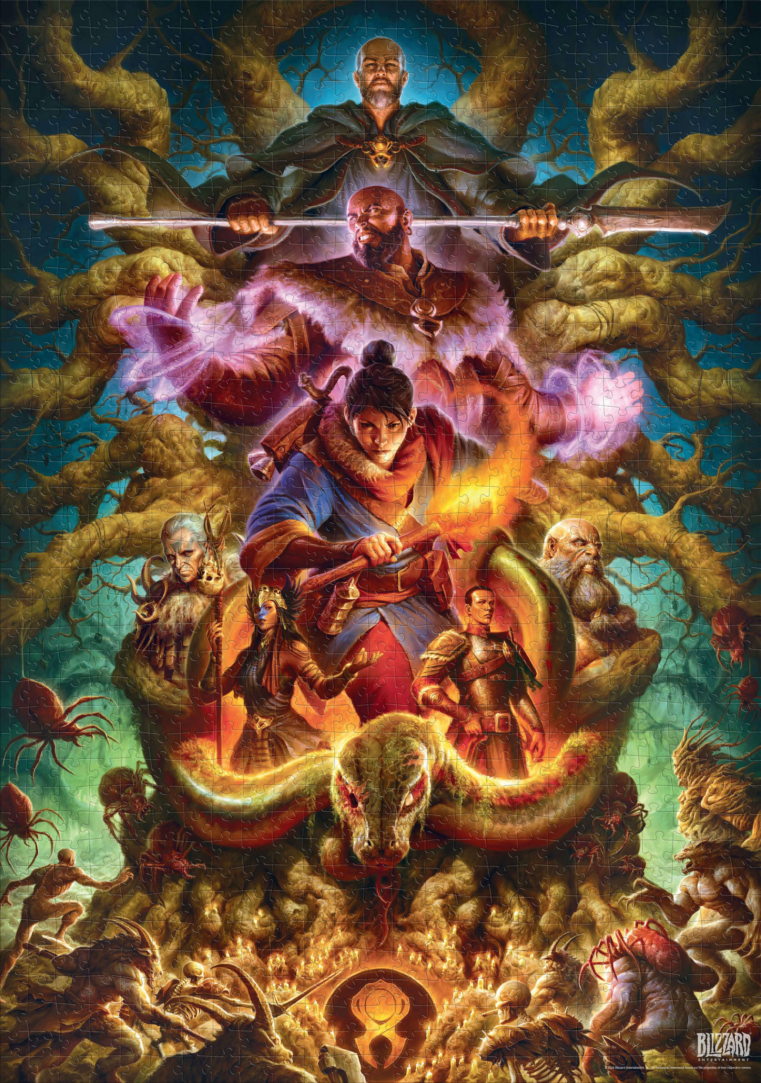 Ein Fantasy-Bild mit verschiedenen Charakteren, einer Schlange und einer zentralen Figur, die eine Fackel hält. Der Hintergrund hat ein Puzzlemuster.