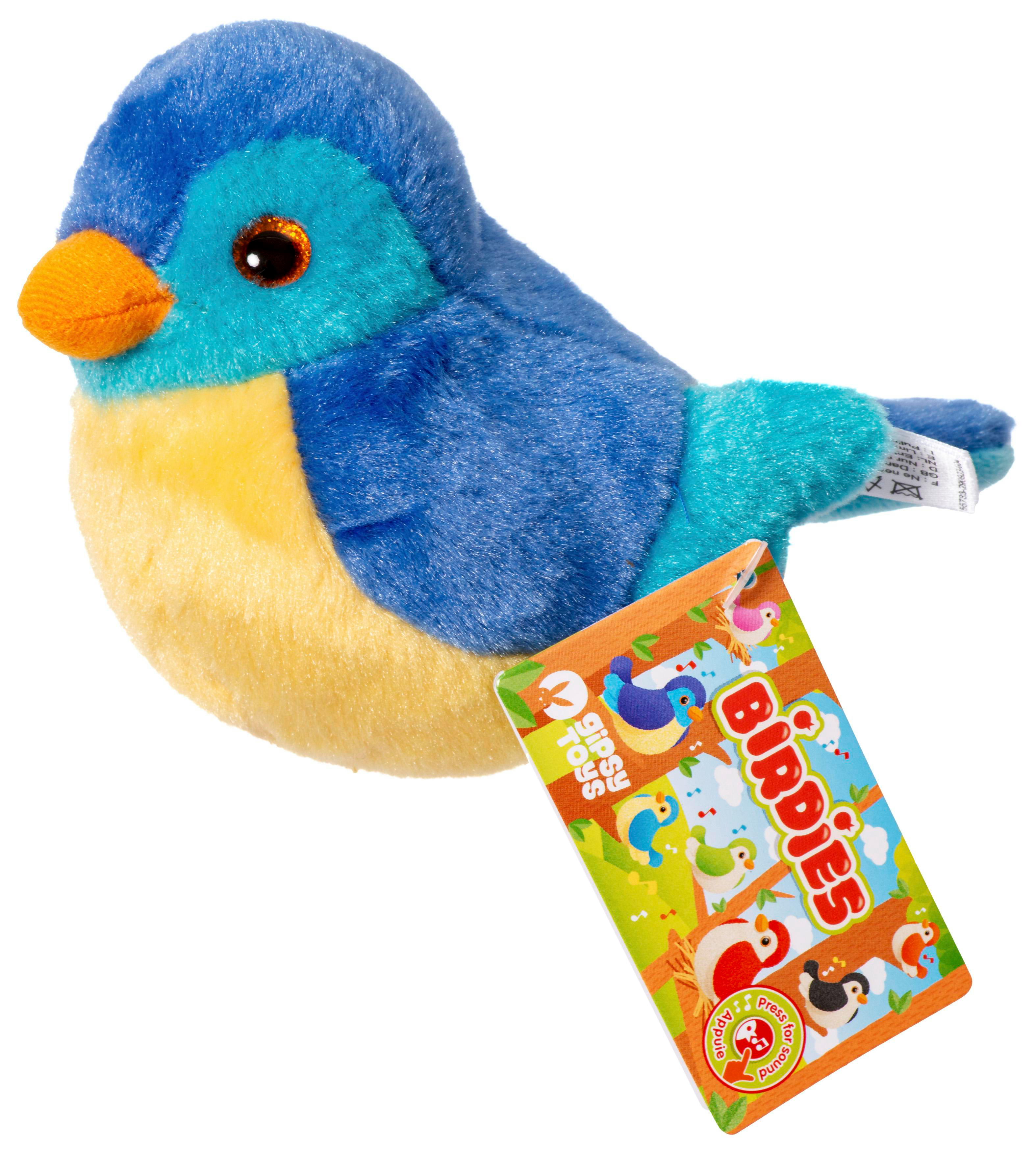 Ein Stoffvogelspielzeug in Blau mit einem orangefarbenen Schnabel und einem Etikett mit der Aufschrift Birdies.