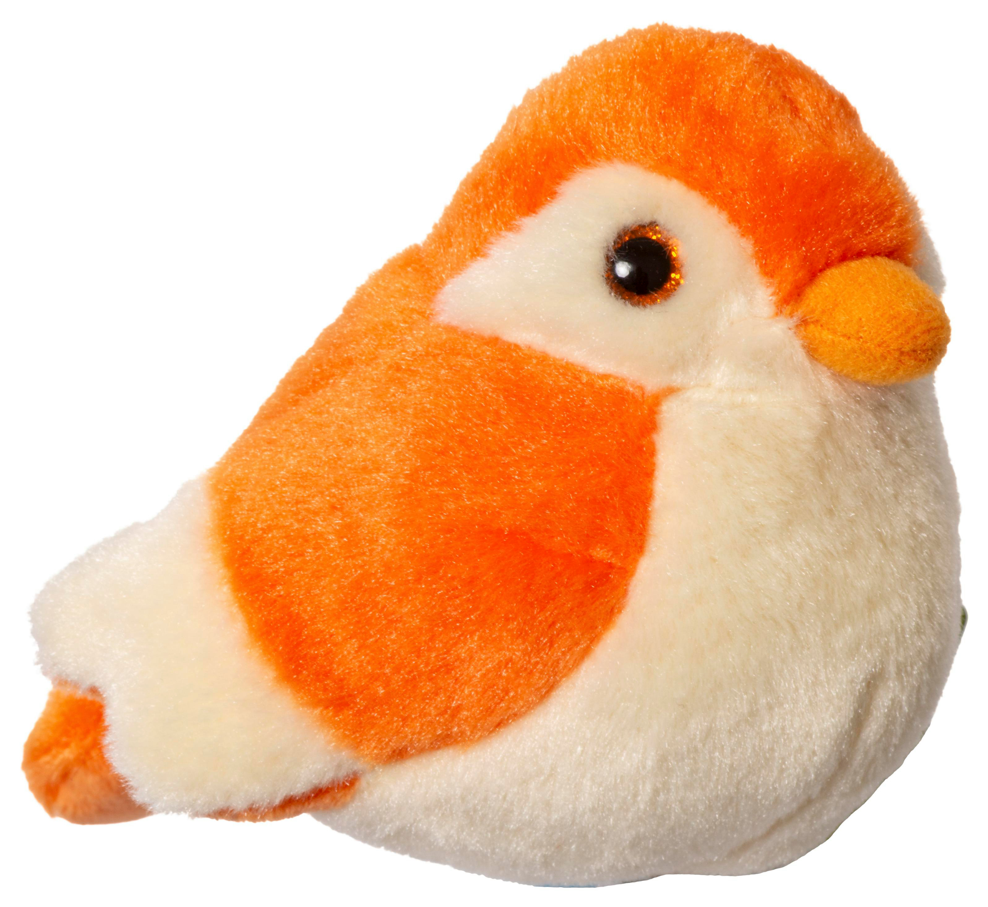Ein Plüschvogel in Orange und Weiß auf weißem Hintergrund. Der Vogel hat ein schwarzes Auge und einen orangen Schnabel.