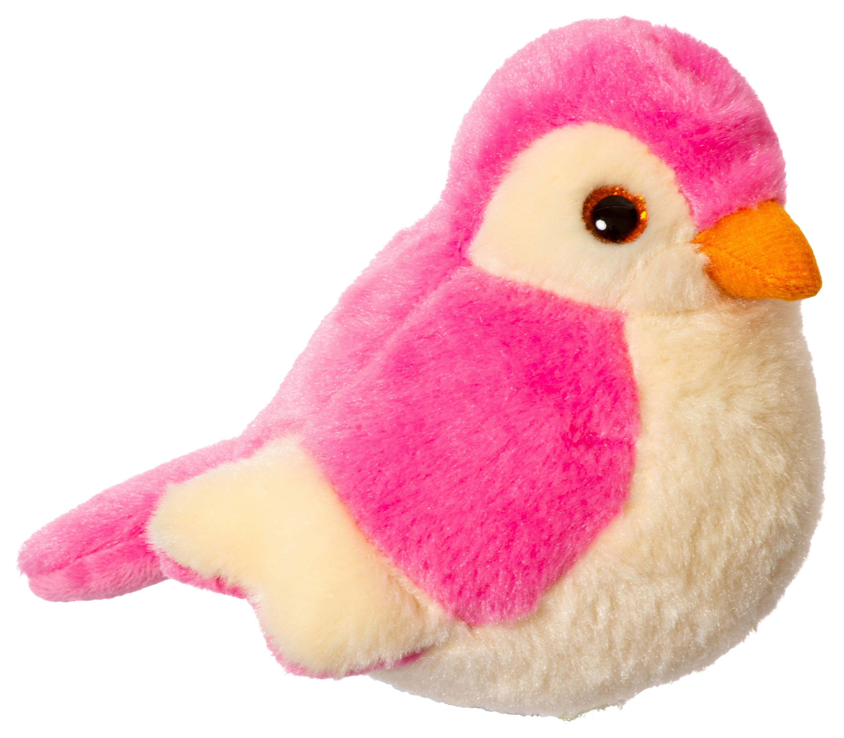 Ein Plüschvogel mit rosa Federn und einem cremefarbenen Bauch auf weißem Grund. Er hat einen orangen Schnabel und braune Augen.