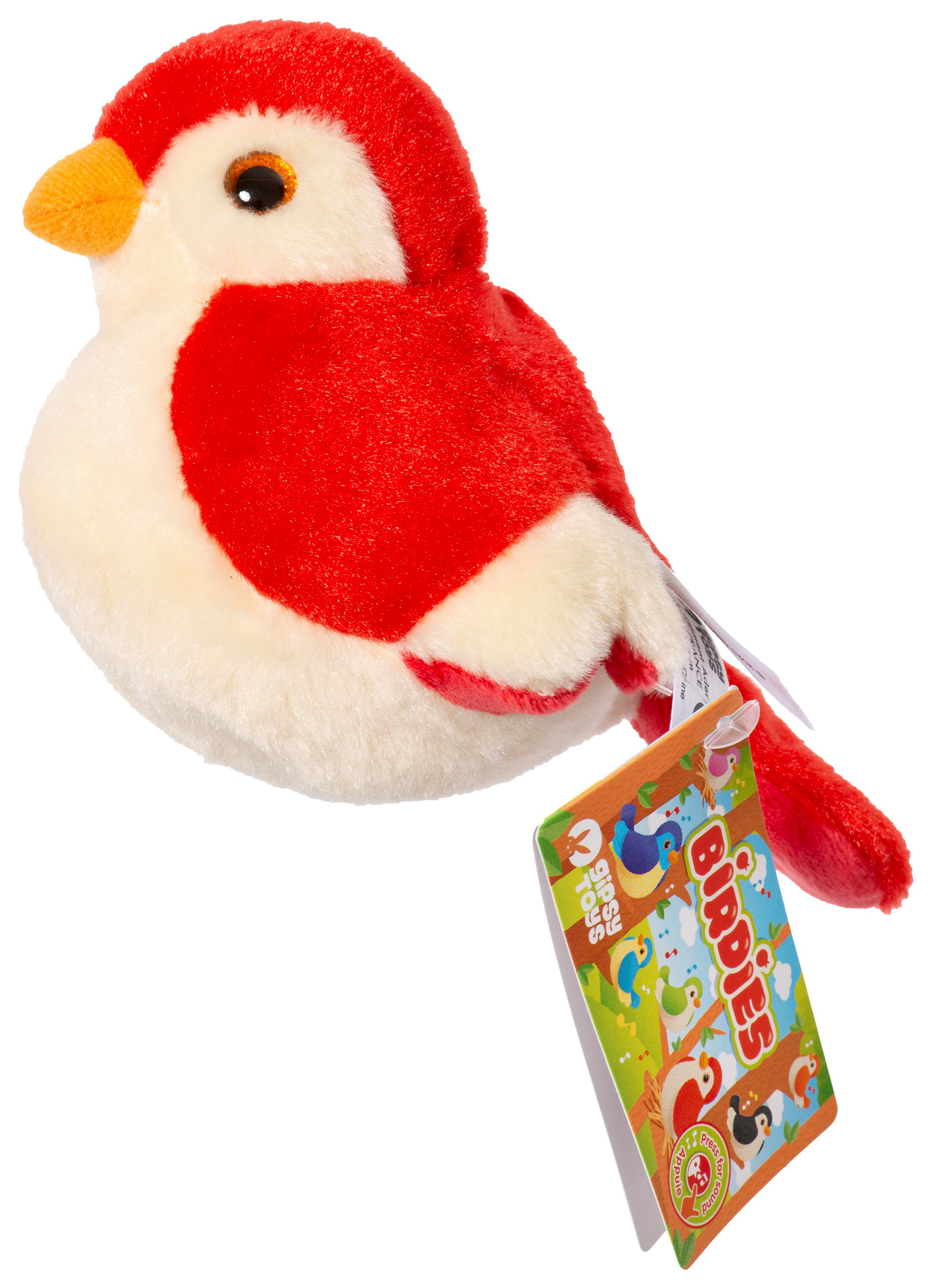 Ein Stoffvogelspielzeug mit roten und weißen Federn und einem orangen Schnabel. Ein Anhänger mit dem Wort 'Birdies' ist befestigt.
