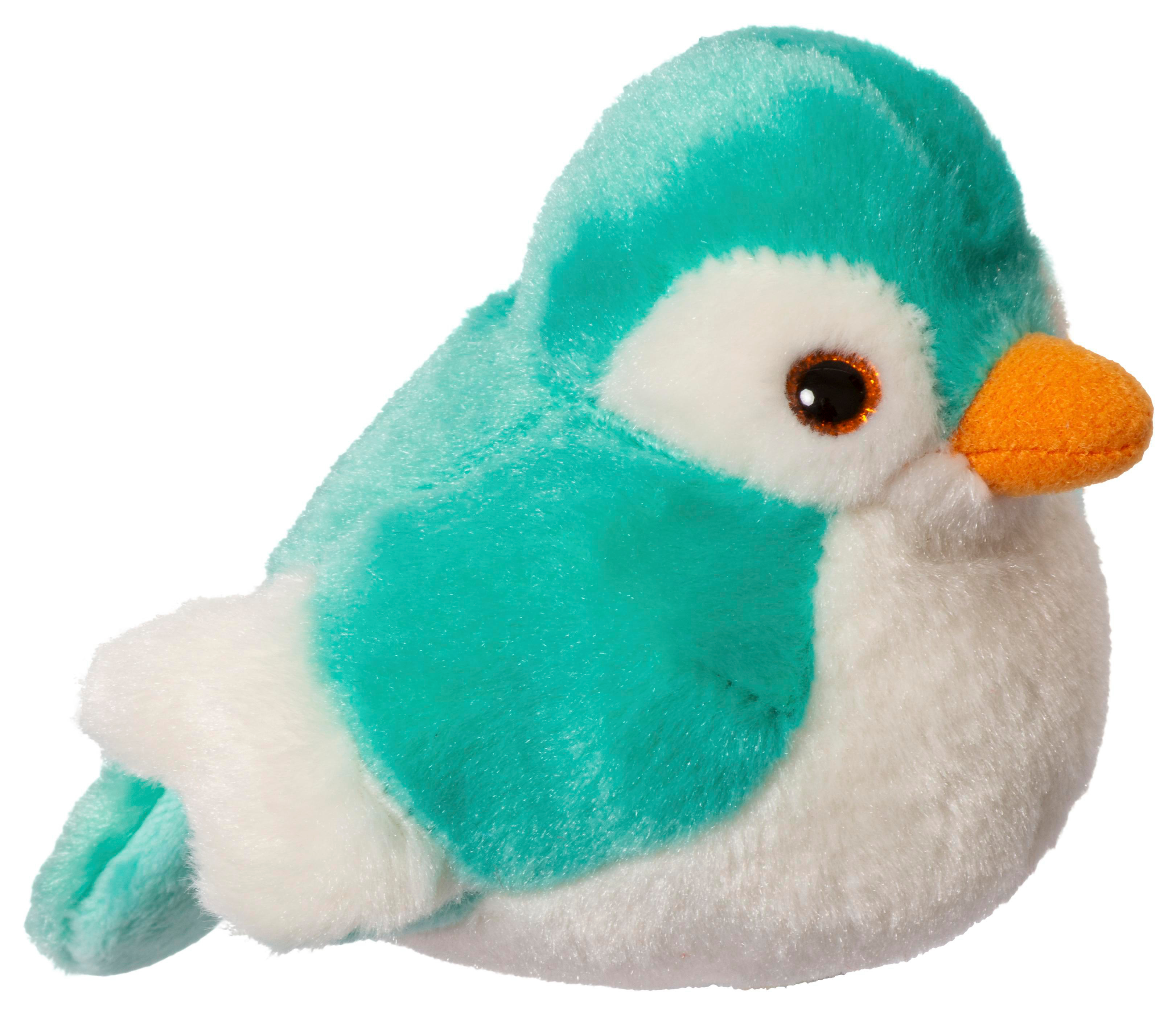 Ein blaugrüner und weißer Plüschvogel mit orangefarbenem Schnabel und braunen Augen ist zu sehen. Der Hintergrund ist weiß.