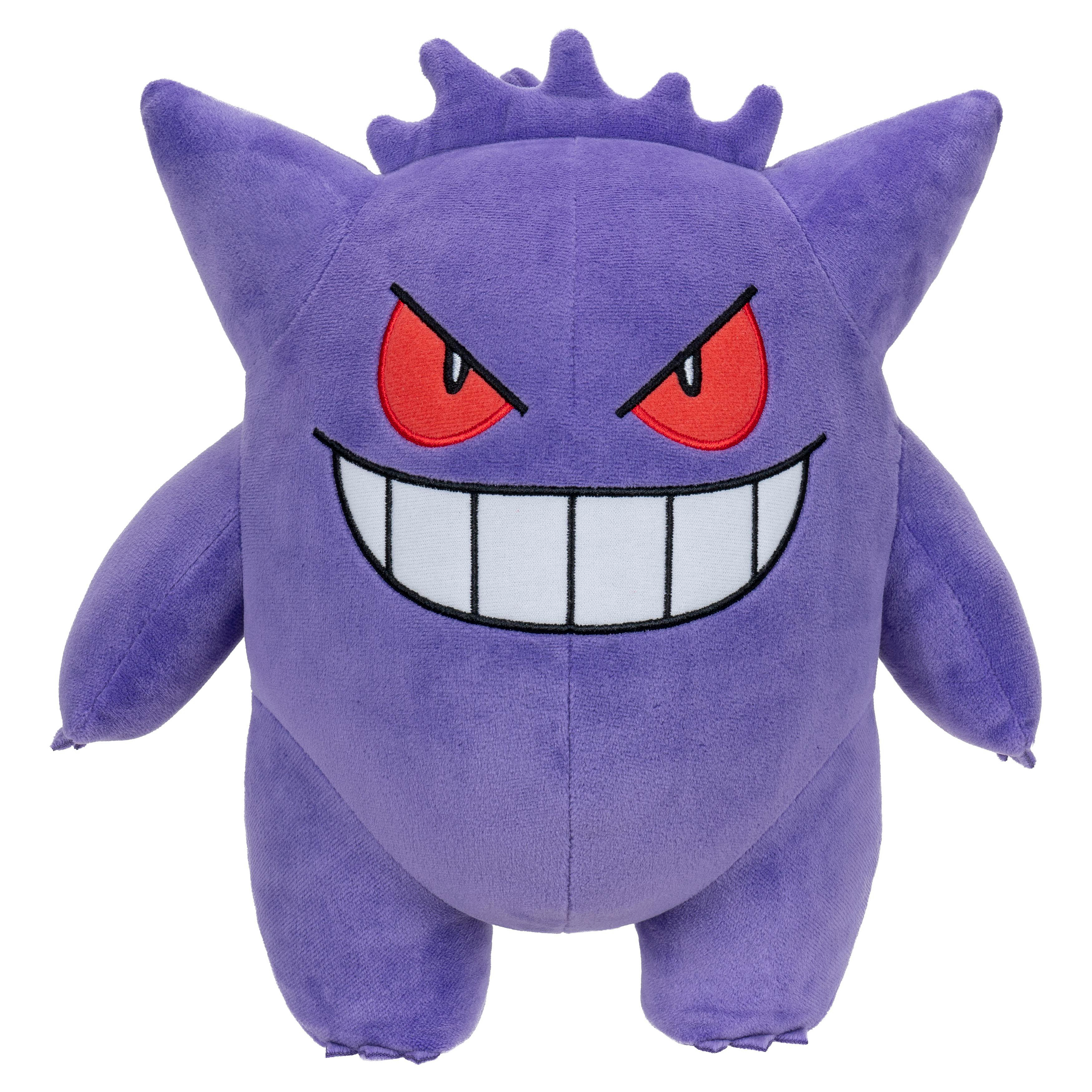 Ein Plüschtier von Gengar, einem lila Pokemon. Es hat ein großes Lächeln, rote Augen und Stacheln auf dem Kopf, auf weißem Hintergrund.