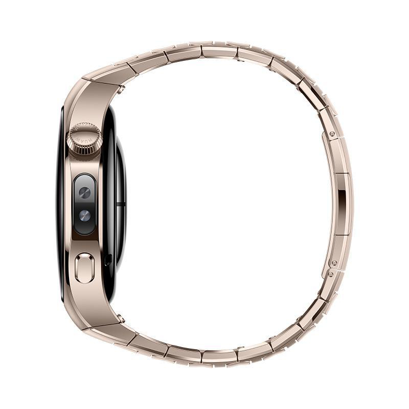 Seitenansicht einer Smartwatch. Sie hat ein goldfarbenes Gehäuse und Armband. Der Bildschirm ist schwarz. Der Hintergrund ist weiß.