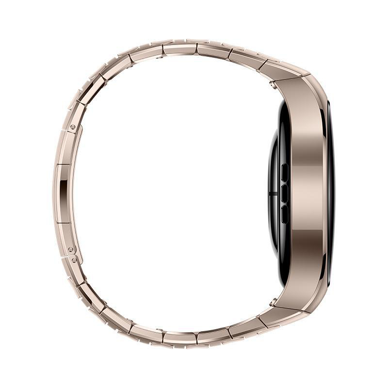 Seitenansicht einer roségoldenen Smartwatch. Die Uhr hat ein Metallarmband. Der Bildschirm ist schwarz.