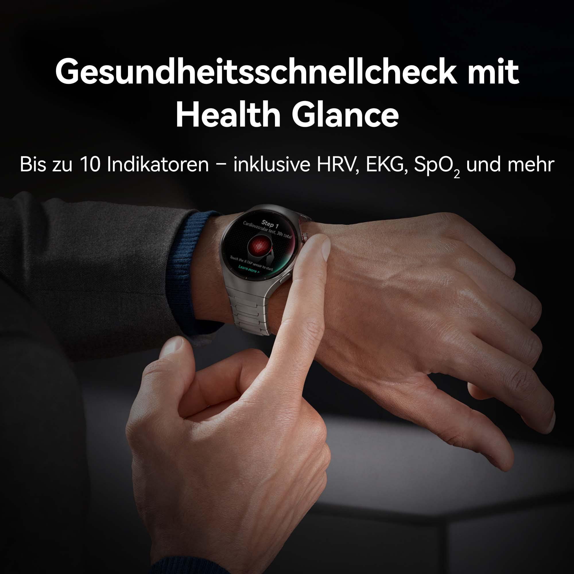 Das Handgelenk einer Person zeigt eine Smartwatch mit einer Gesundheitscheck-Oberfläche. Der Finger der Person berührt gleich das Display.