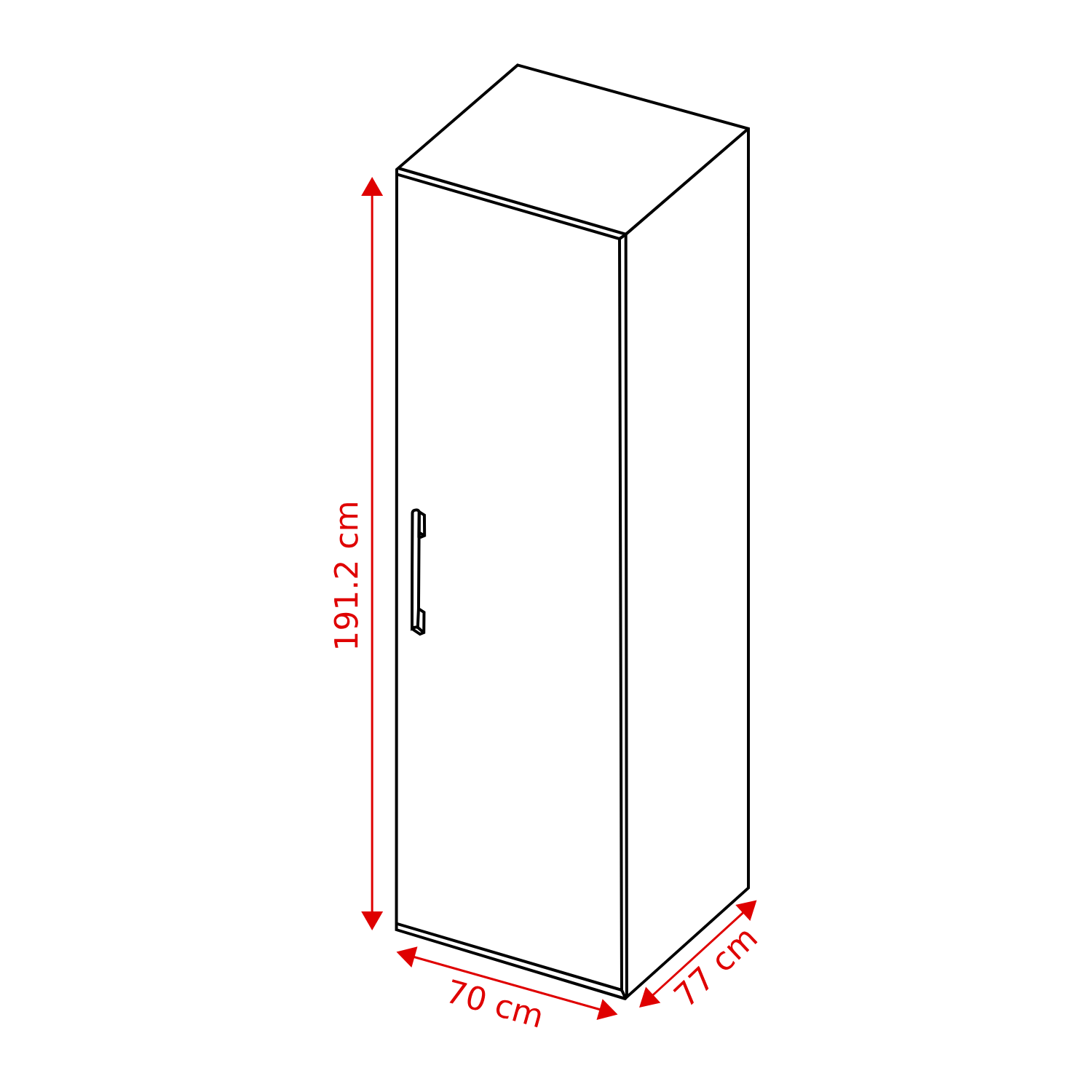 A black and white drawing of a cabinet with dimensions labeled: 191.2 cm high, 70 cm wide, and 77 cm deep.