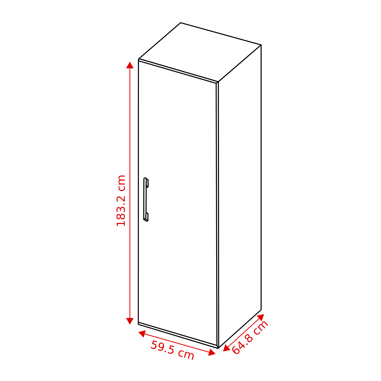 Un diagramme en noir et blanc d'une armoire avec des dimensions. Il mesure 183,2 cm de haut, 59,5 cm de large et 64,8 cm de profondeur.