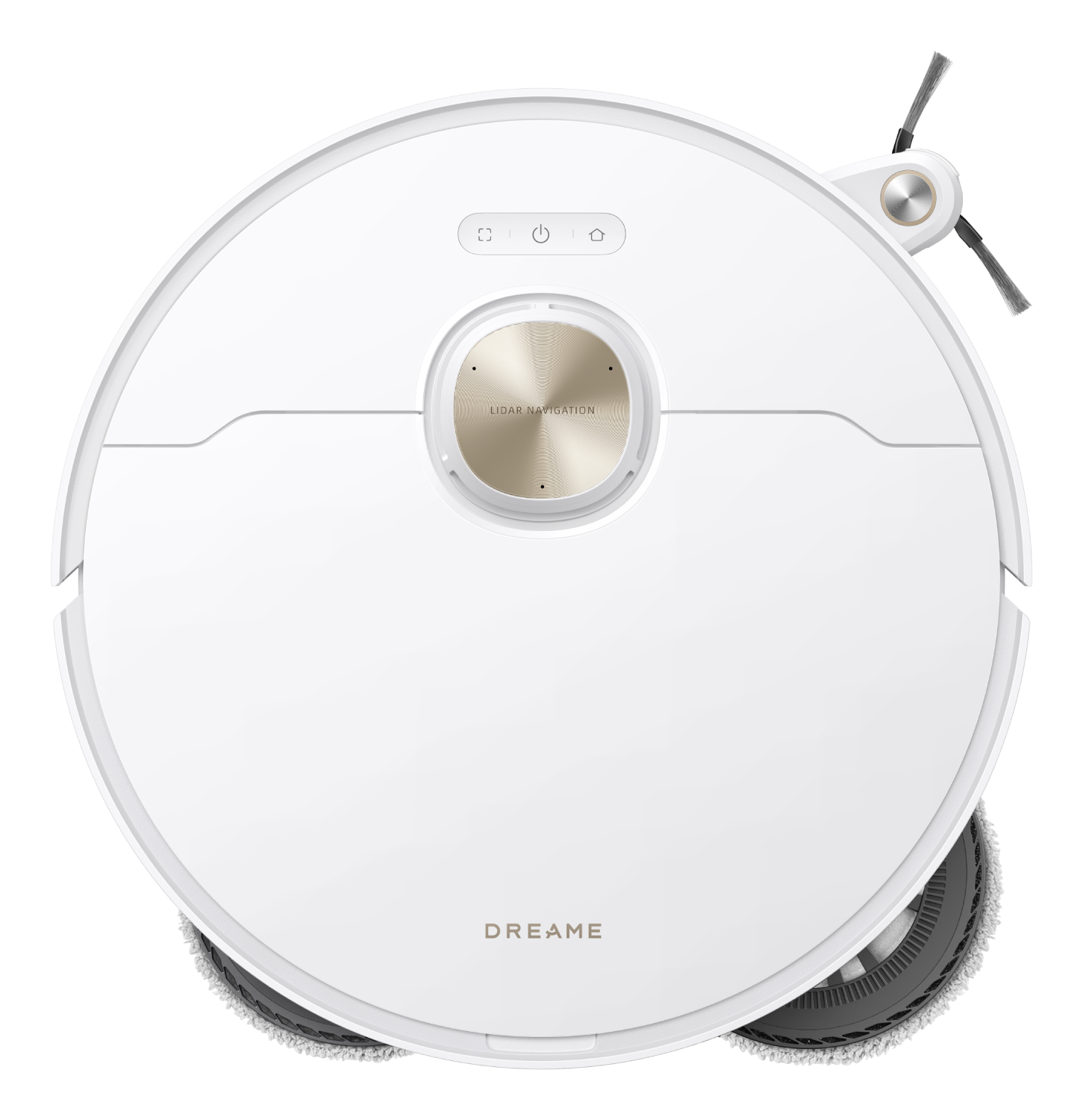 Una aspiradora robótica blanca con detalles dorados. Tiene un diseño circular, cepillos y la marca 'DREAME' es visible.