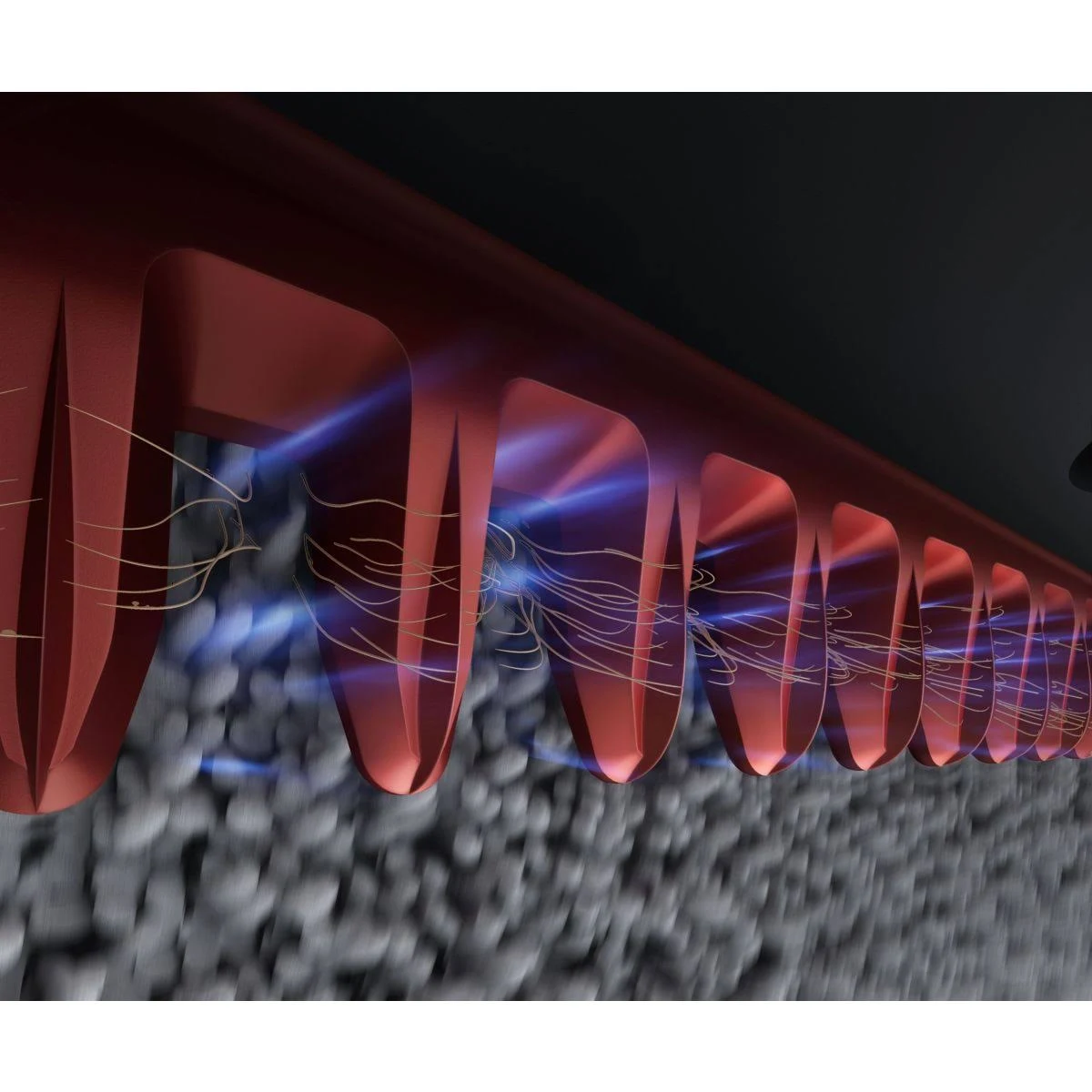 Estructuras rojas, similares a dientes, sobre una superficie gris texturizada. Luz azul y finas líneas doradas emanan de las estructuras.