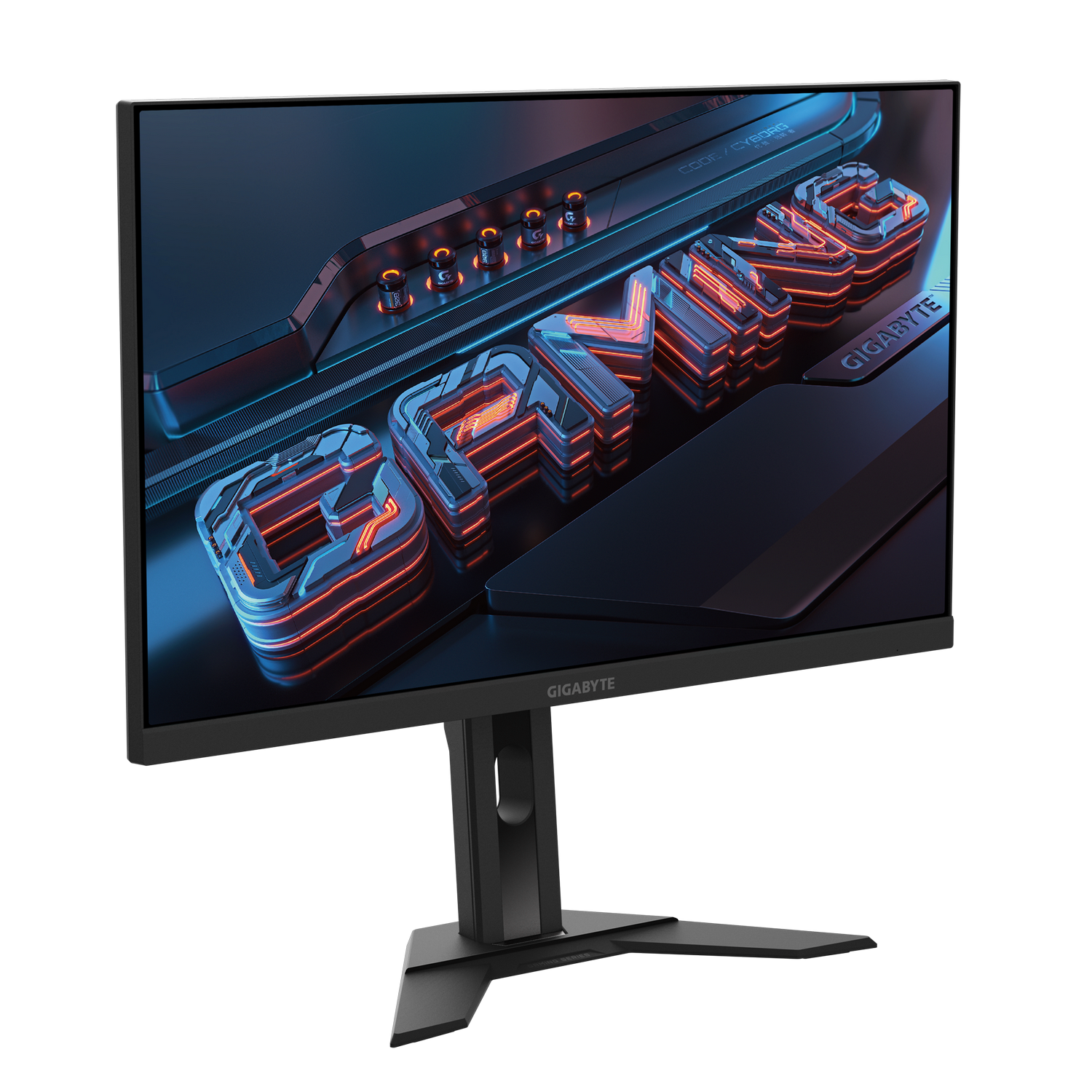 Un monitor de juegos Gigabyte negro muestra la palabra GAMING en naranja neón y azul. El soporte es negro y angulado.