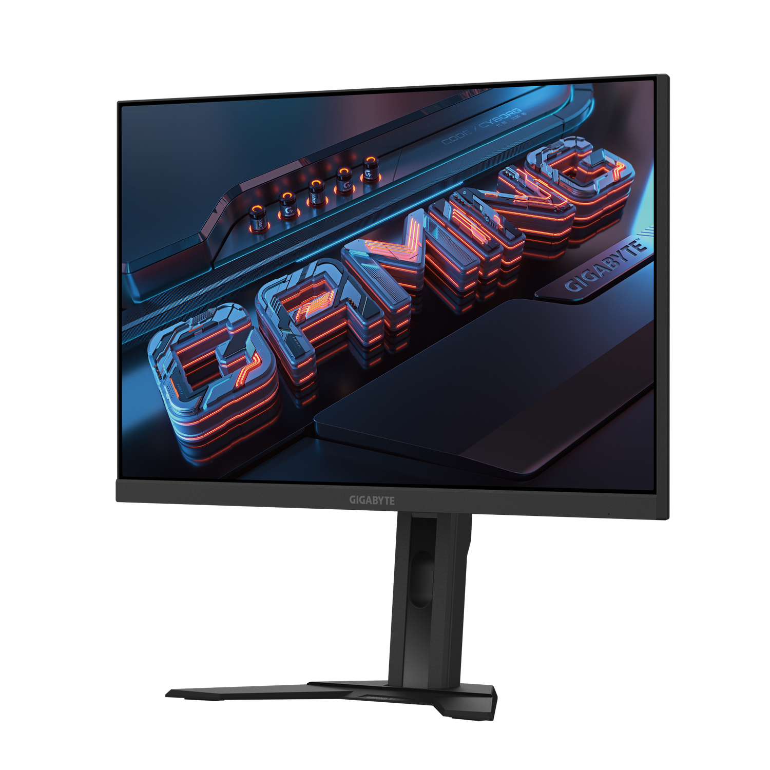 Un monitor gaming GIGABYTE negro muestra la palabra "GAMING" en naranja y azul neón. El soporte y la base también son negros.