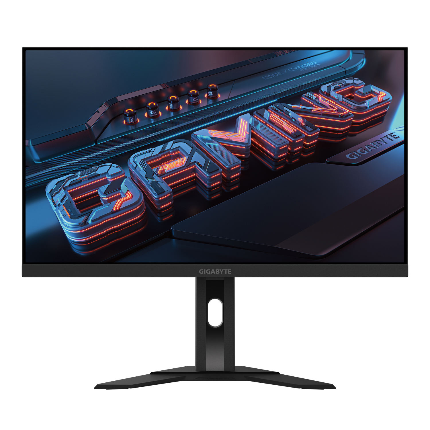 Un monitor gaming Gigabyte negro muestra la palabra GAMING con contornos de neón rojo. El monitor está sobre un soporte negro contra un fondo gris.