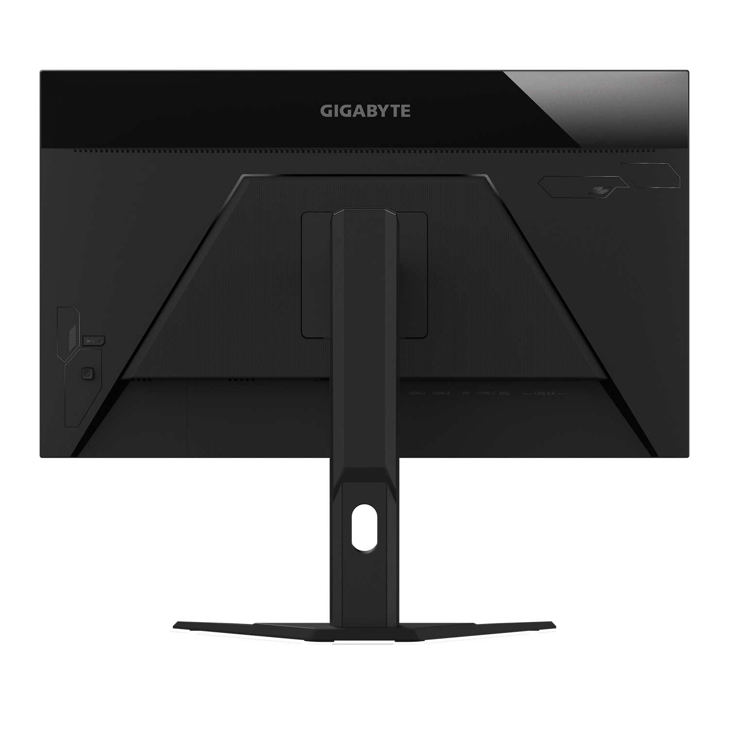 Parte trasera de un monitor Gigabyte negro. Puertos incluyen HDMI, USB y Tipo-C. El soporte es negro y el fondo gris.