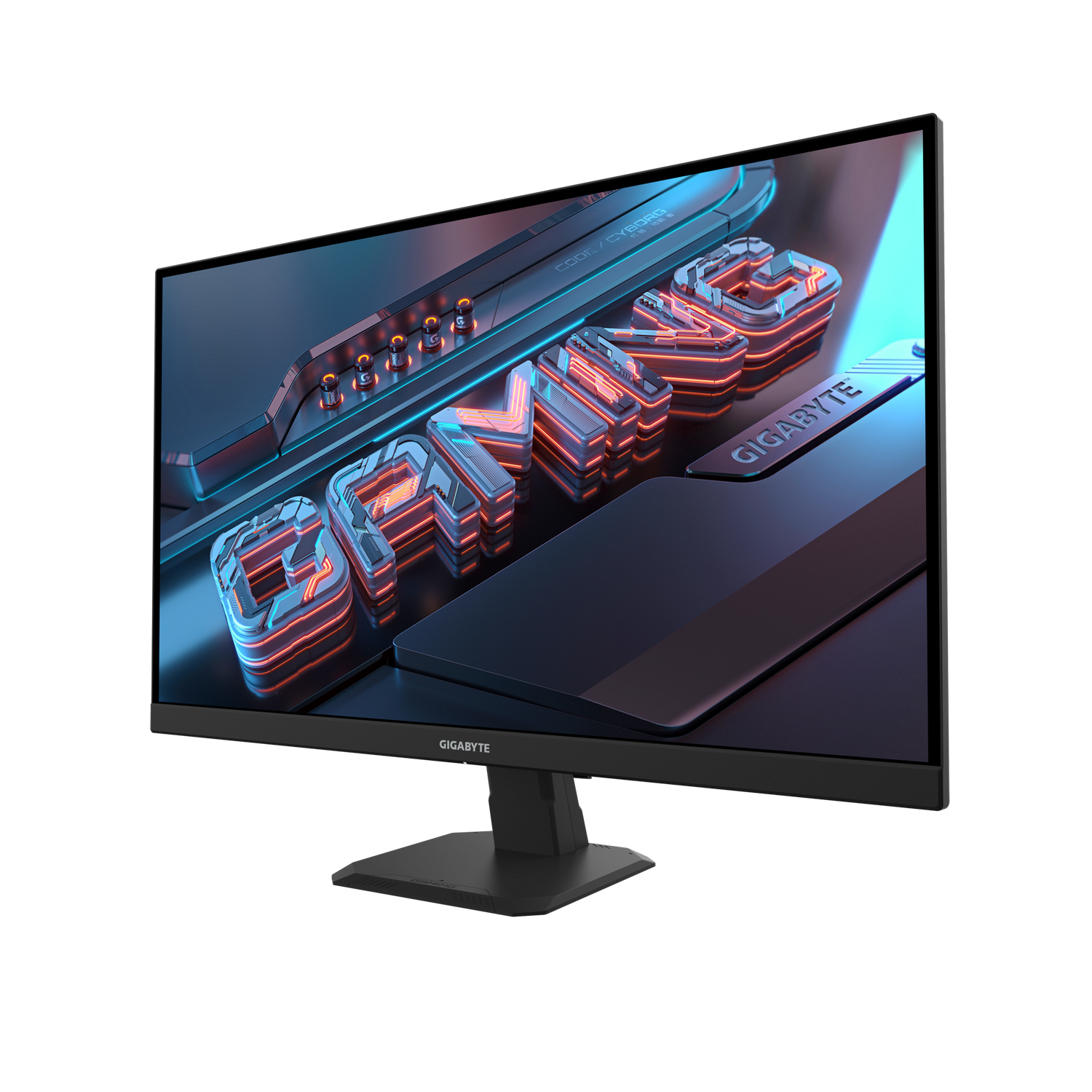 Un monitor gaming Gigabyte que muestra "GAMING" en letras de neón. La pantalla tiene un diseño oscuro y futurista con marco negro.