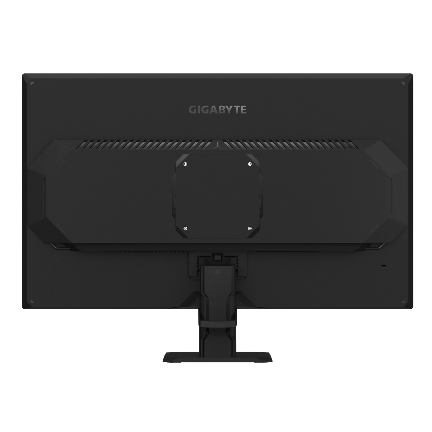 Vista trasera de un monitor GIGABYTE negro sobre un fondo gris. El monitor tiene un soporte y se ven detalles de ventilación.