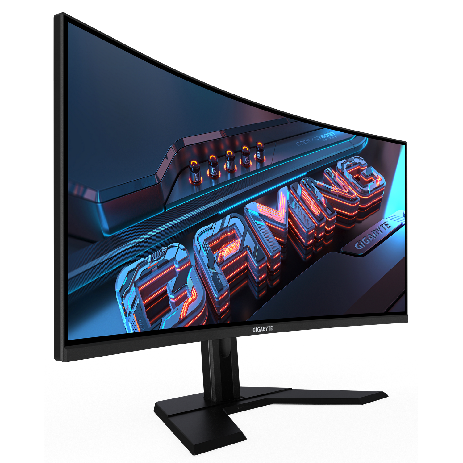 Un monitor curvo para juegos con la palabra GAMING en la pantalla. Tiene un soporte negro y un bisel negro.