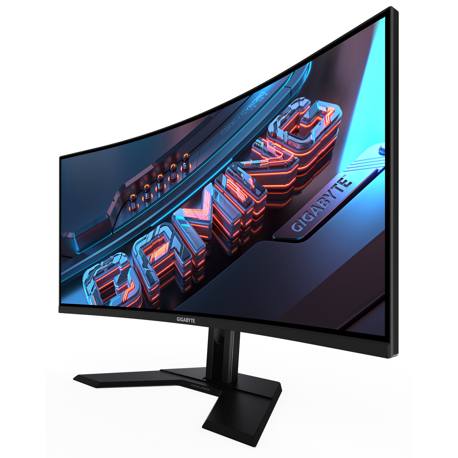 El monitor curvo para juegos muestra la palabra GAME en 3D con luces naranjas y azules. El monitor tiene un soporte negro y un logotipo de GIGABYTE.