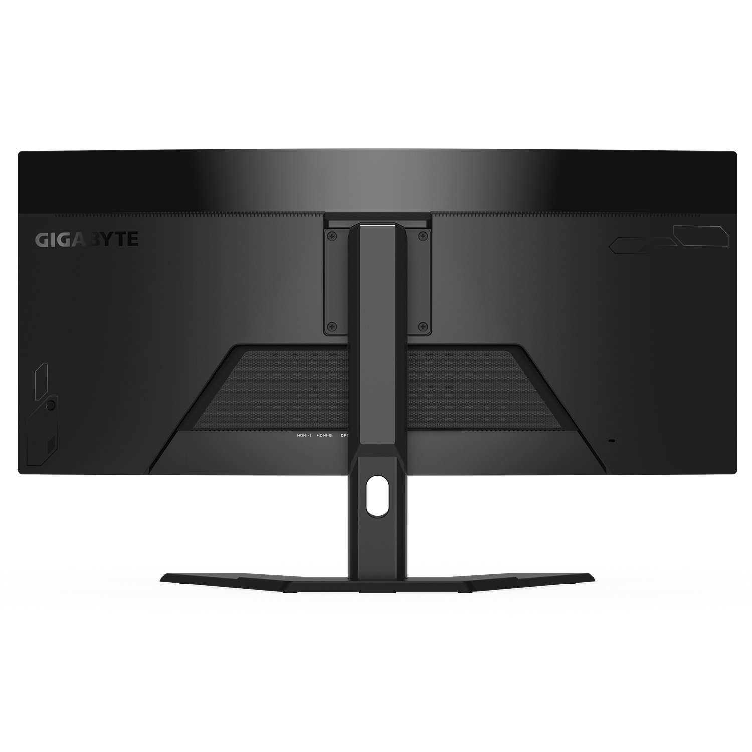 Parte trasera de un monitor Gigabyte negro. Muestra el soporte, los puertos y el logotipo de Gigabyte. El fondo es un gradiente gris.