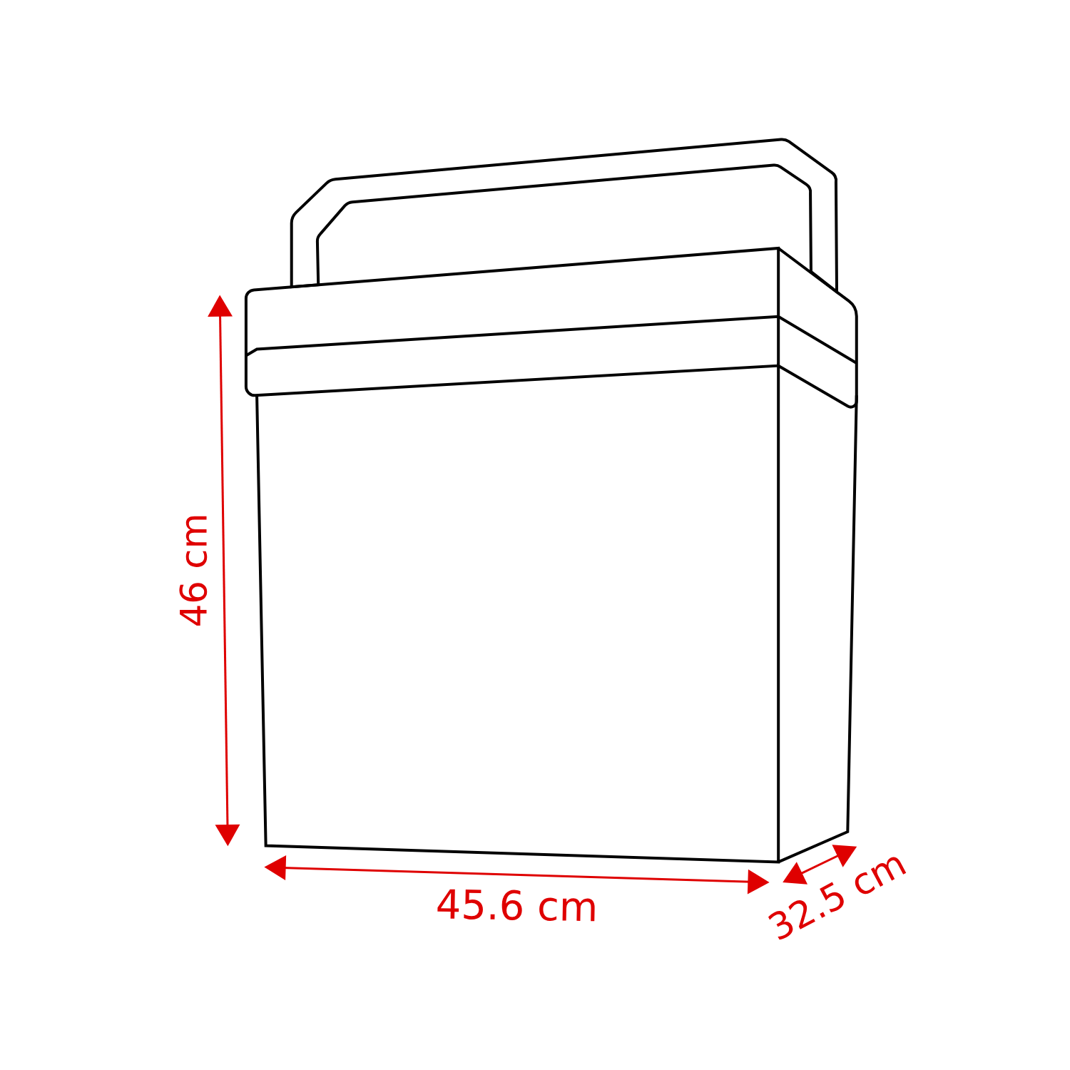 An illustration of a rectangular object with dimensions: 46 cm high, 45.6 cm wide, and 32.5 cm deep. It has a handle at the top.