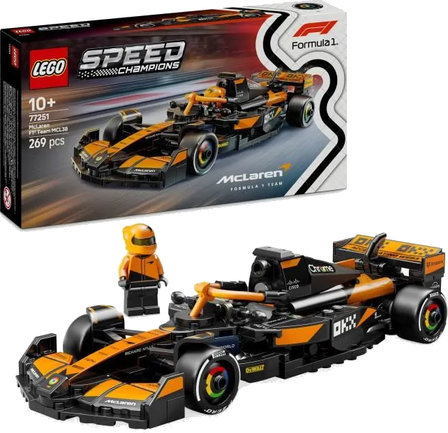 LEGO Speed Champions set met een McLaren F1-auto en een minifiguur. De auto is zwart en oranje met sponsorlogo's. Een doos staat op de achtergrond.