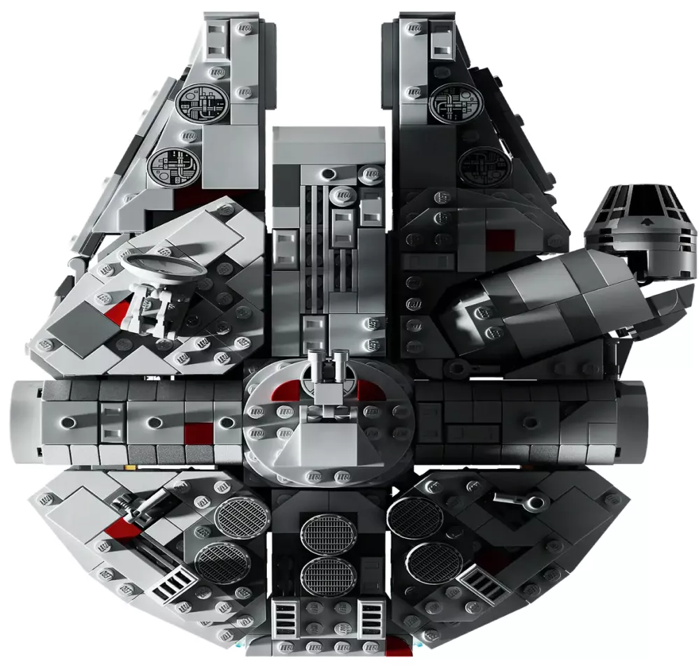 A Lego model of the Millennium Falcon starship. It is mostly gray with black and red details. The design includes various ship components.