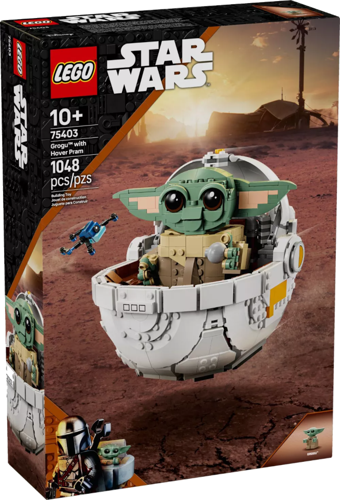 Doosontwerp voor een Lego Star Wars set. Het toont Grogu in een zwevende kinderwagen. De achtergrond toont een woestijnlandschap en gebouwen.