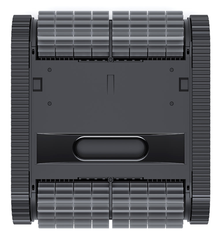 Vista superior de un robot limpiador de piscinas gris oscuro. Tiene dos juegos de orugas y rodillos.