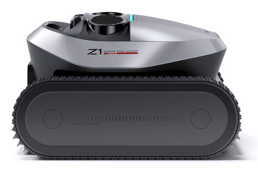 Un limpiador de piscinas robótico, modelo Z1, plateado y negro, con orugas. El texto dice 'ROBOTIC POOL CLEANER'.