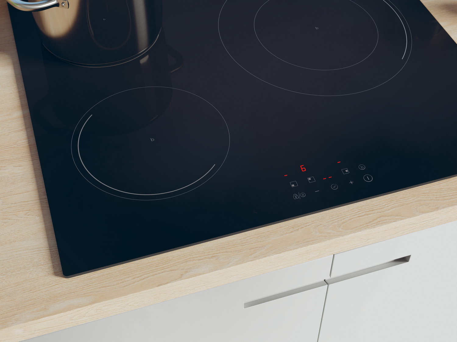 Una placa de inducción negra con una olla encima. El panel de control muestra el número 6. Está sobre una encimera de madera.