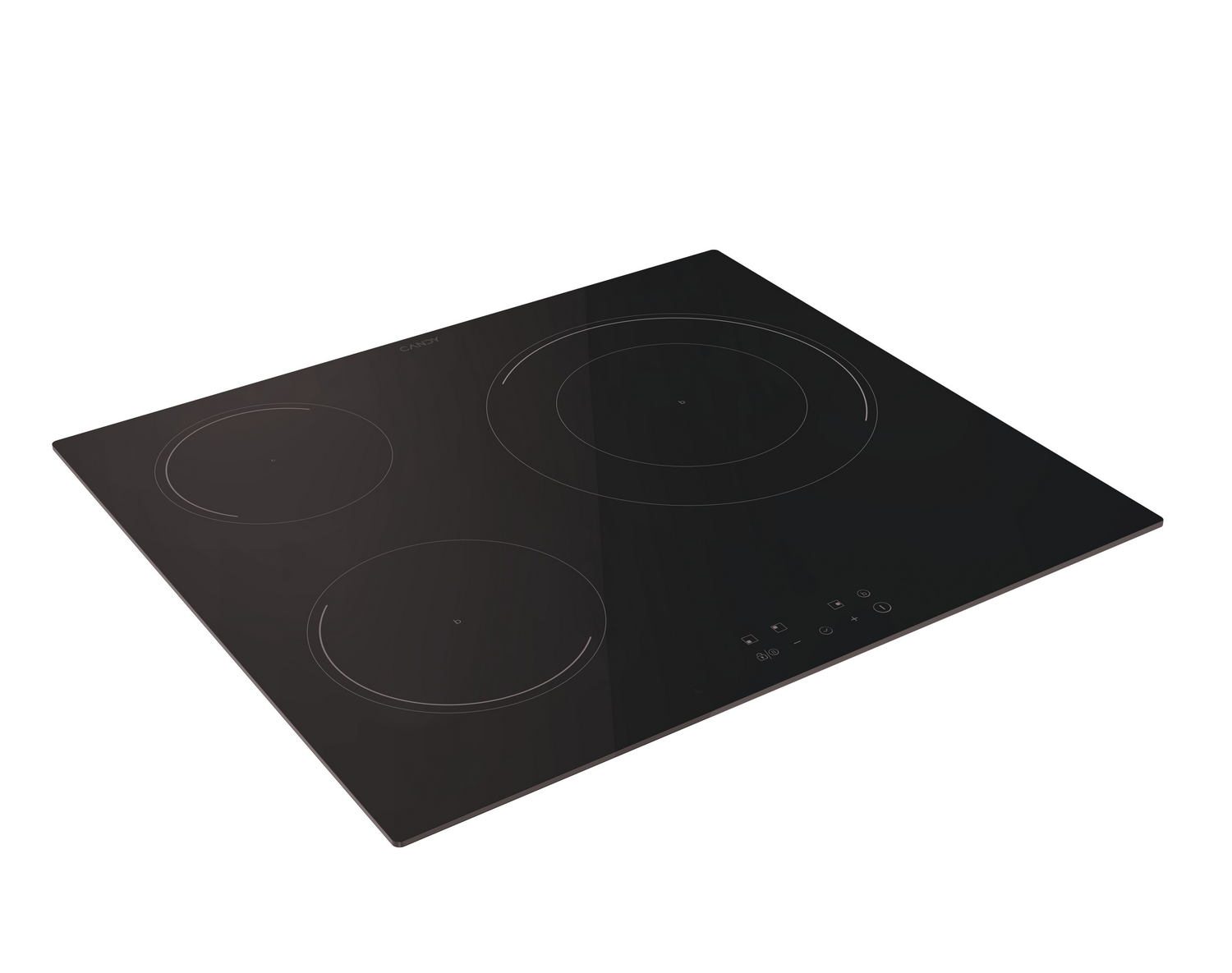 Una placa de inducción Candy negra con cuatro quemadores y botones de control. Se coloca sobre una superficie blanca.