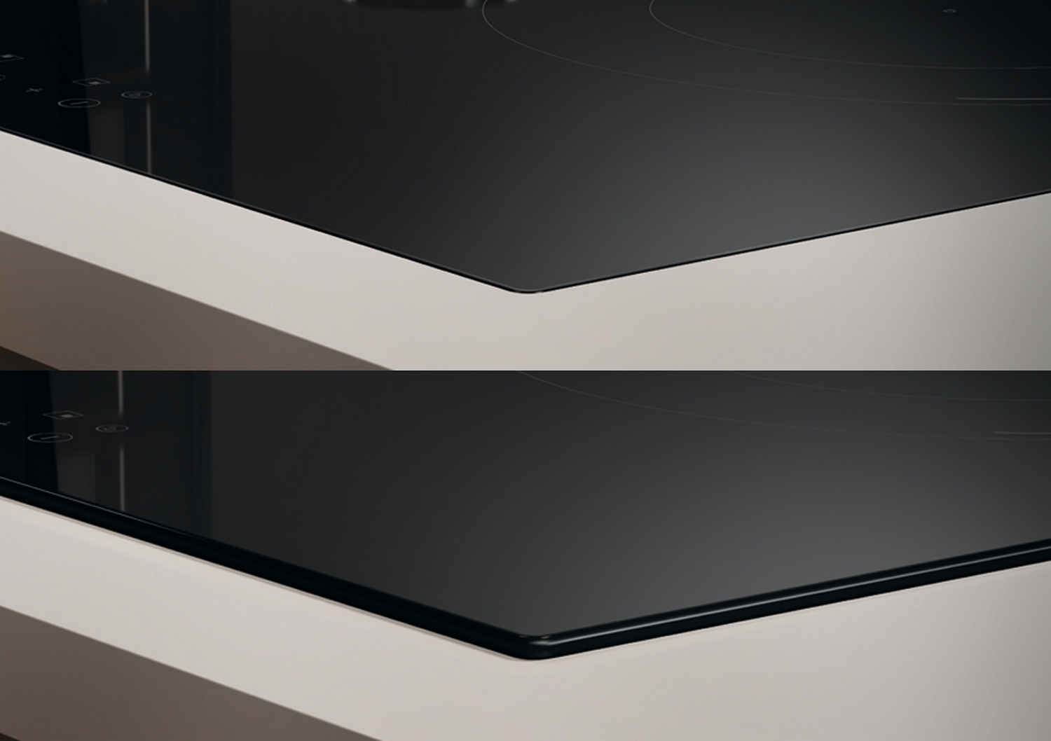 Primer plano de una placa de cocina de vidrio negro con encimera de color claro. Panel de control a la izquierda.