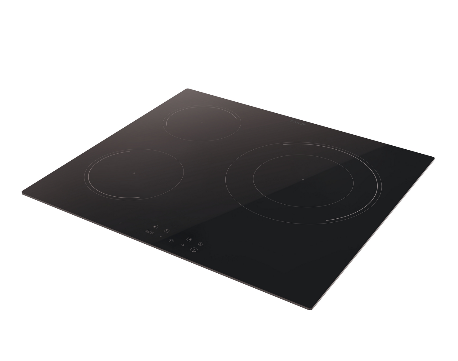 Una placa de inducción negra con cuatro quemadores. Tiene controles táctiles y está sobre un fondo blanco.
