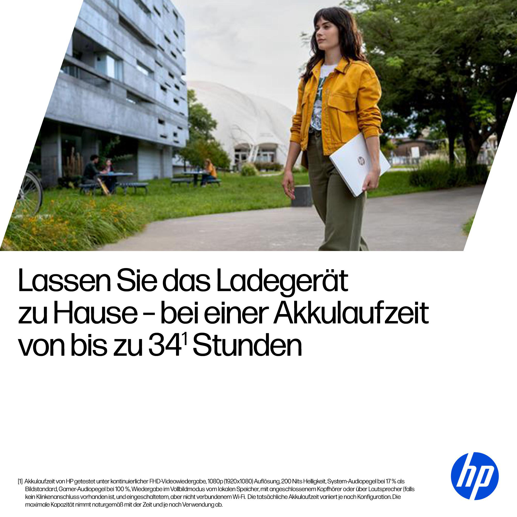 Frau geht mit Laptop, gelbe Jacke. Gebäude und Park im Hintergrund.
