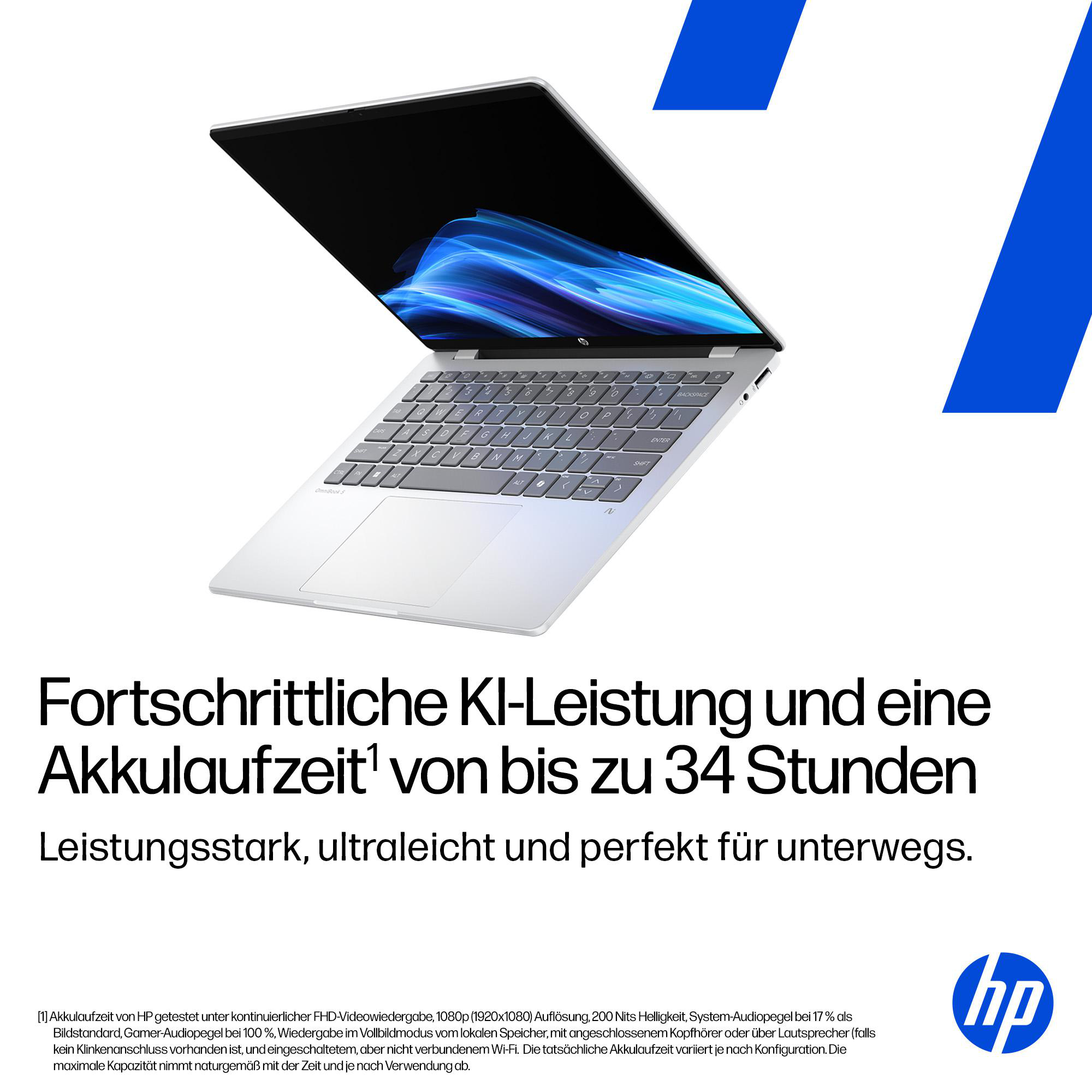 Ein silberner Laptop auf weißem Grund mit schwarzem Bildschirm. Blaue Formen oben rechts. Text unten beschreibt Leistung.