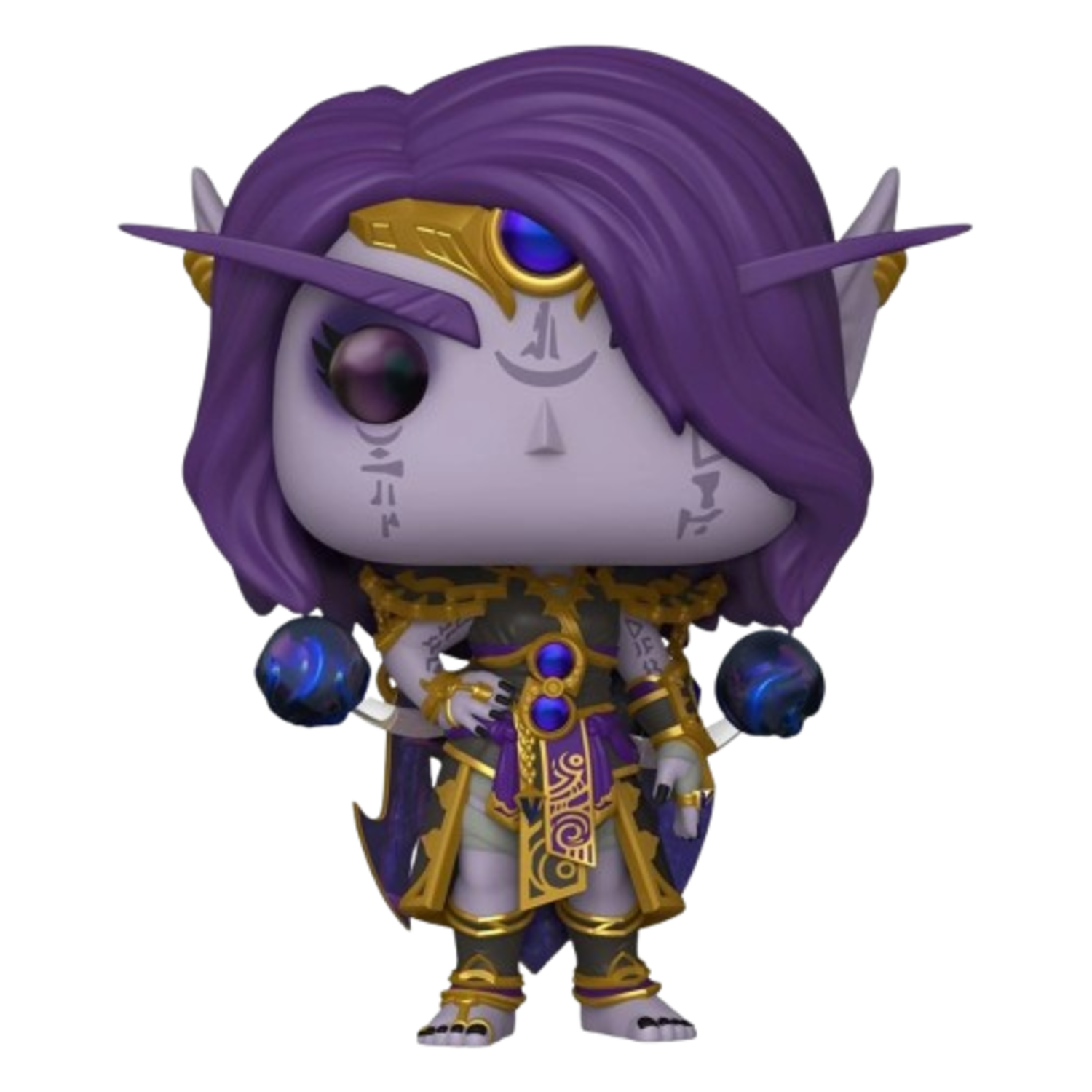 A Funko Pop figure of a purple-skinned elf. It has purple hair, gold accents, and holds two blue orbs. The figure is on a black background.