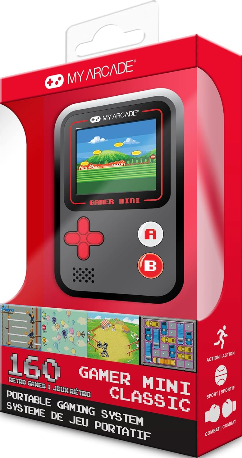 Une boîte rouge affiche une mini console de jeu rétro avec un écran de jeu. La boîte indique 'My Arcade Gamer Mini Classic' avec des icônes de jeu.