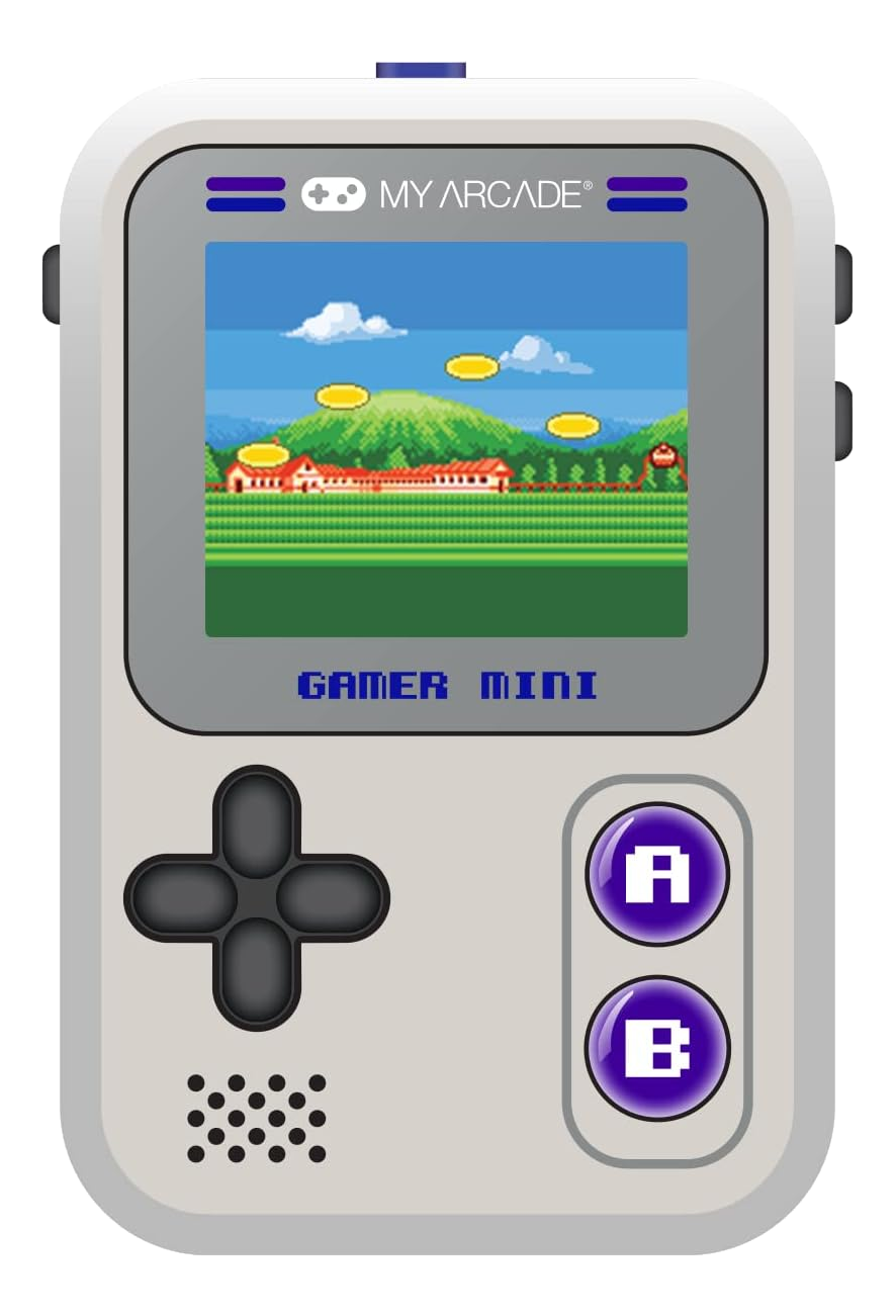 Une console de jeu portable rétro montrant une scène de jeu pixélisée avec des montagnes, des nuages et des pièces. Les boutons A, B et un D-pad sont visibles.