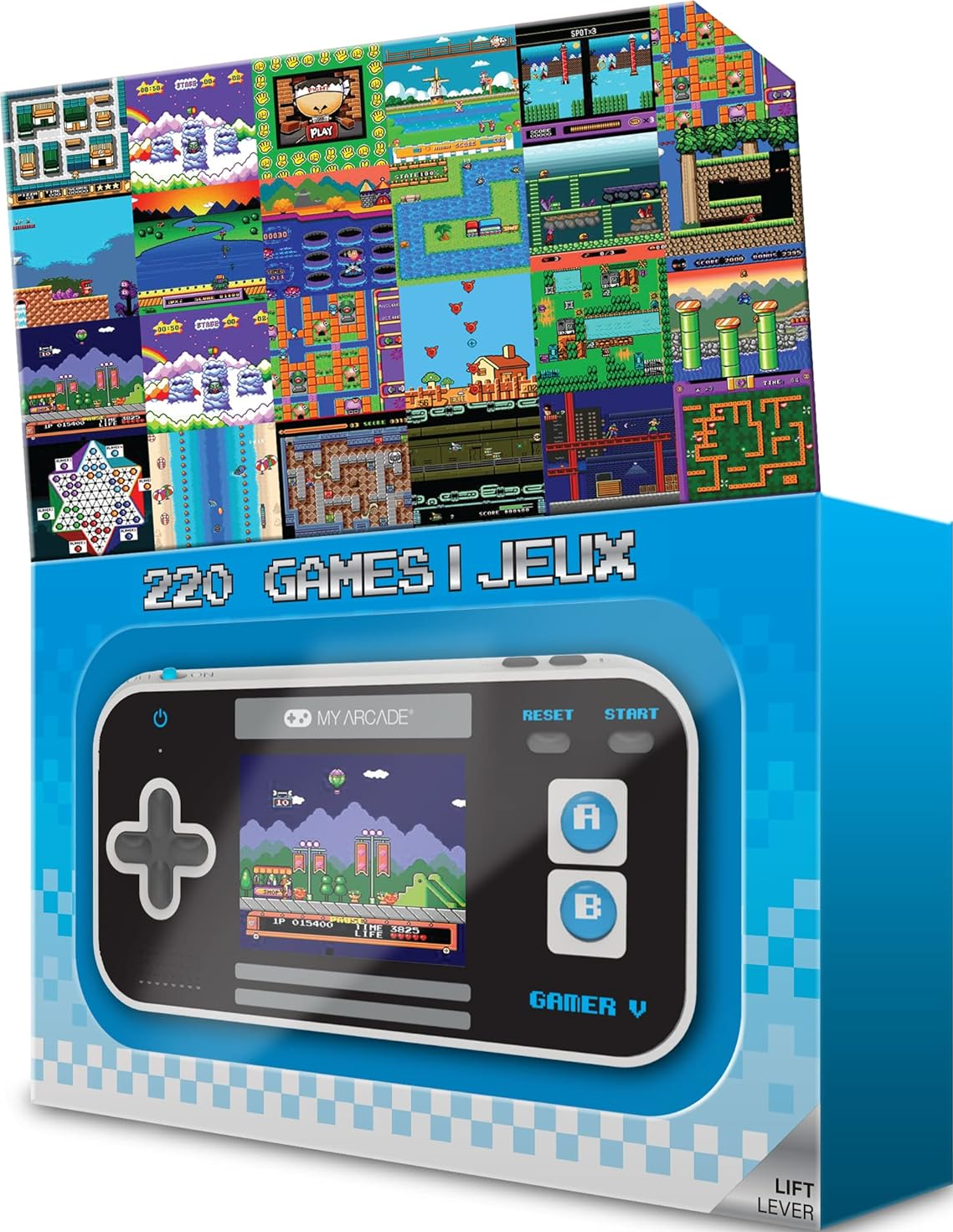 Une boîte de console de jeu affiche plusieurs captures d'écran de jeux rétro. Elle possède un écran intégré affichant un jeu et des boutons pour jouer.
