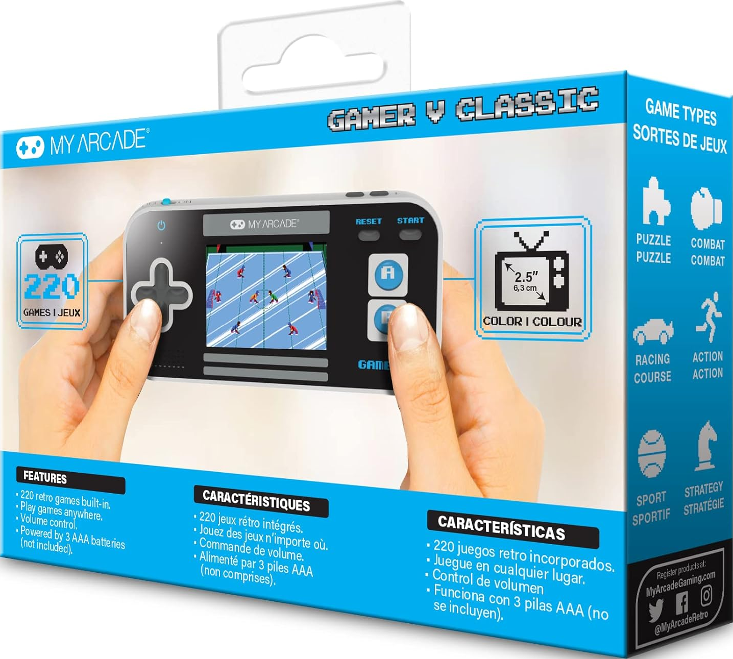 Une main tient une boîte My Arcade Gamer V Classic. L'écran affiche un jeu rétro. Le texte comprend les caractéristiques et les types de jeux.