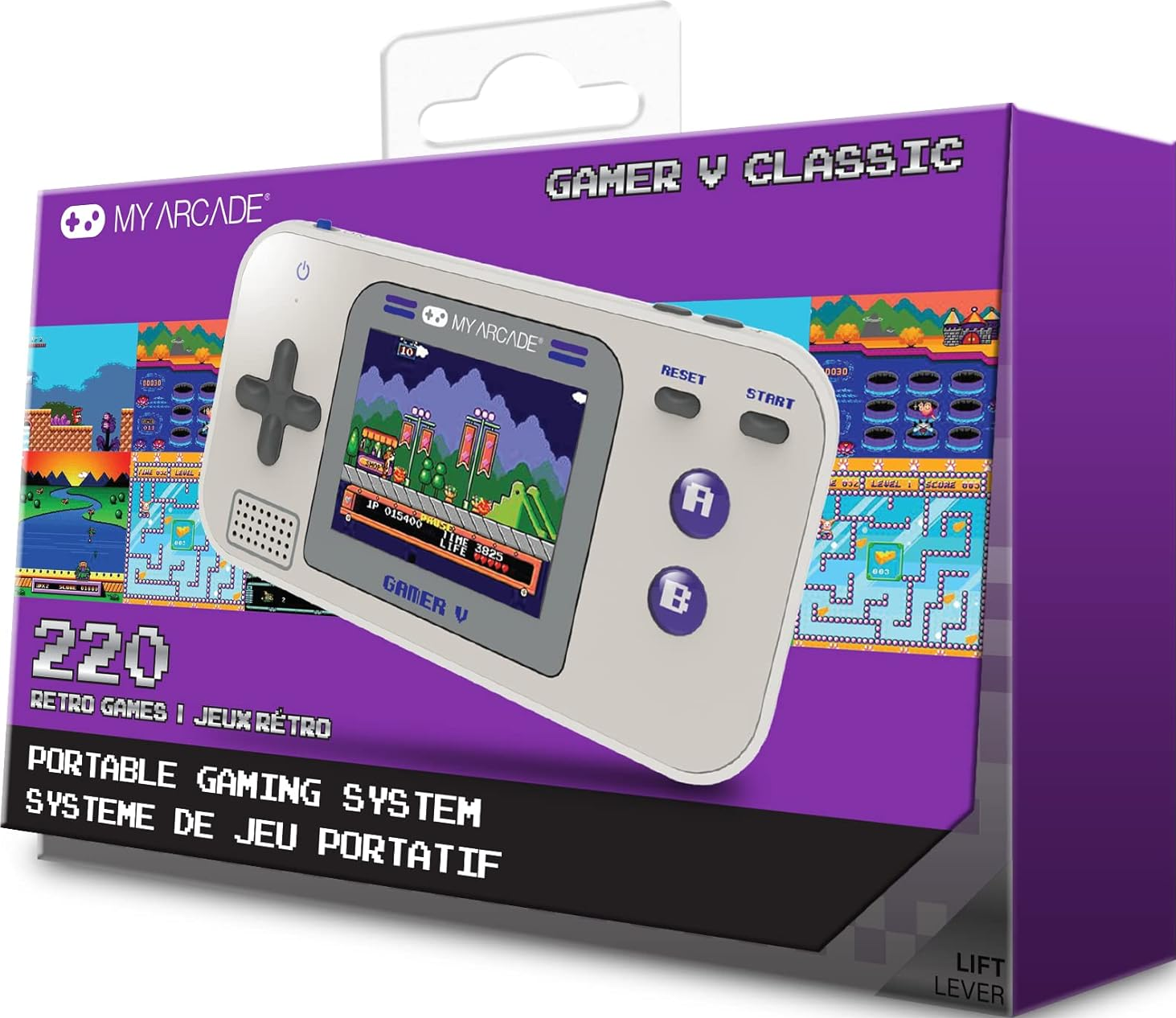 Console de jeu portable blanche et grise dans une boîte violette. L'écran affiche un jeu rétro. Boîte avec texte 'Gamer V Classic' et '220 Retro Games'.