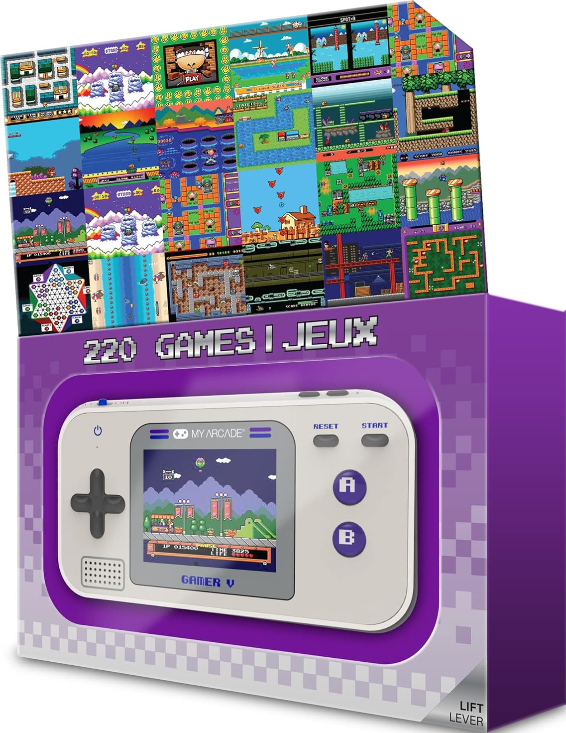 Une boîte de console portable rétro avec un écran affichant un jeu. La boîte a un design violet et blanc, et montre 220 jeux.